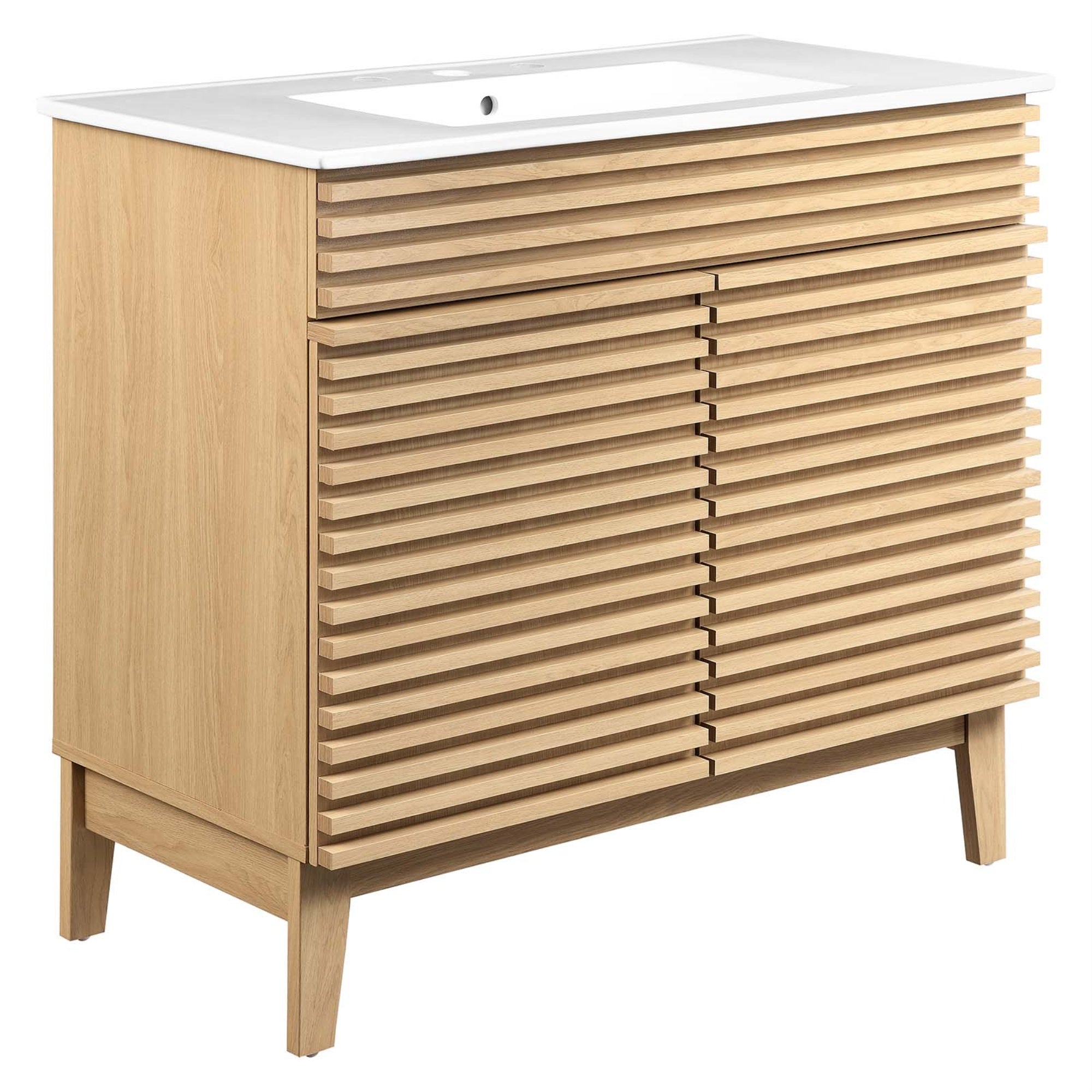 Ergode 36' Mid-Century Modern Bathroom Vanity - Walnut Grain Laminate, Ceramic Sink, Ample Storage