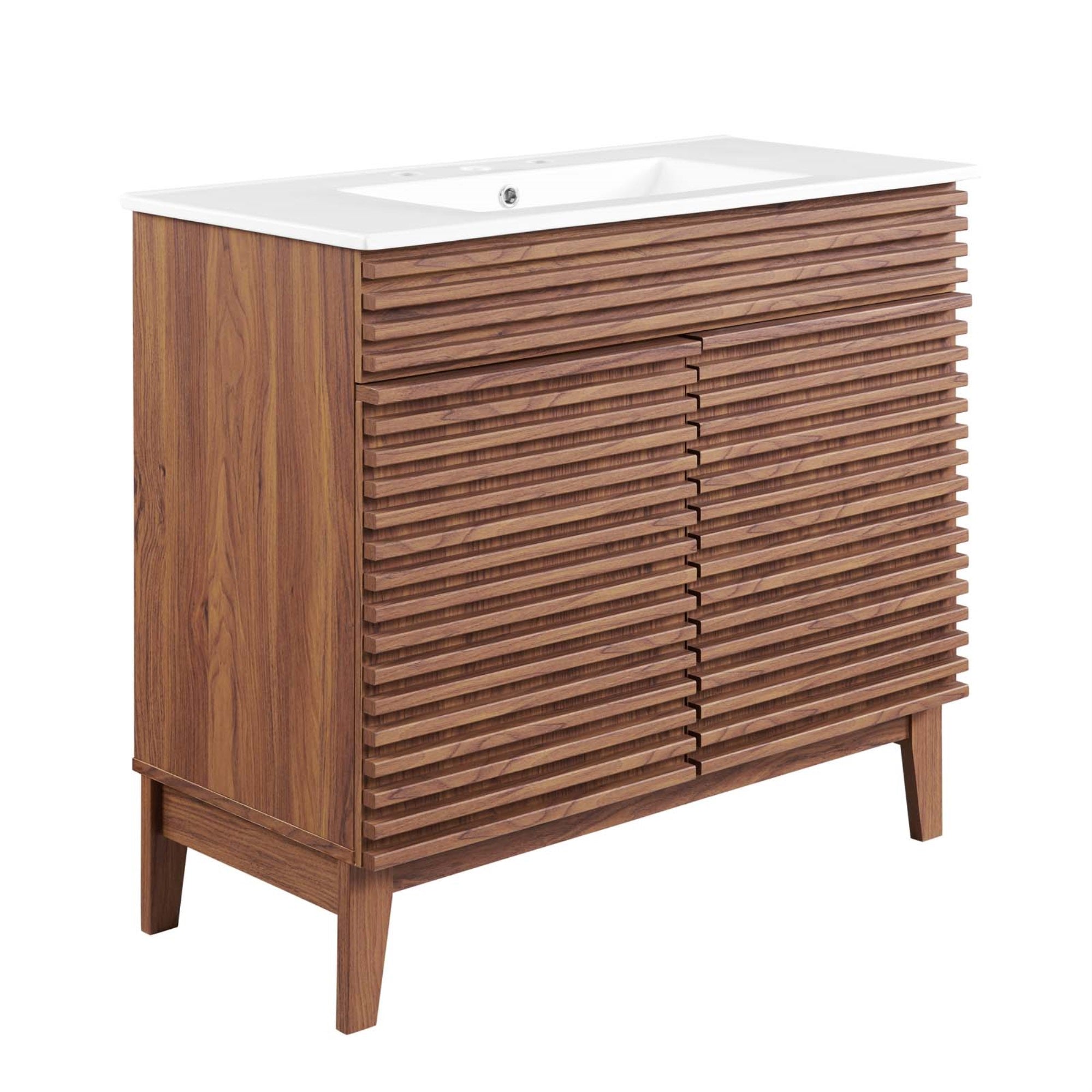 Render 36' Bathroom Vanity - Mid-Century Modern Design, Walnut Grain Finish, Ample Storage Space, Ceramic Sink, Easy Assembly.