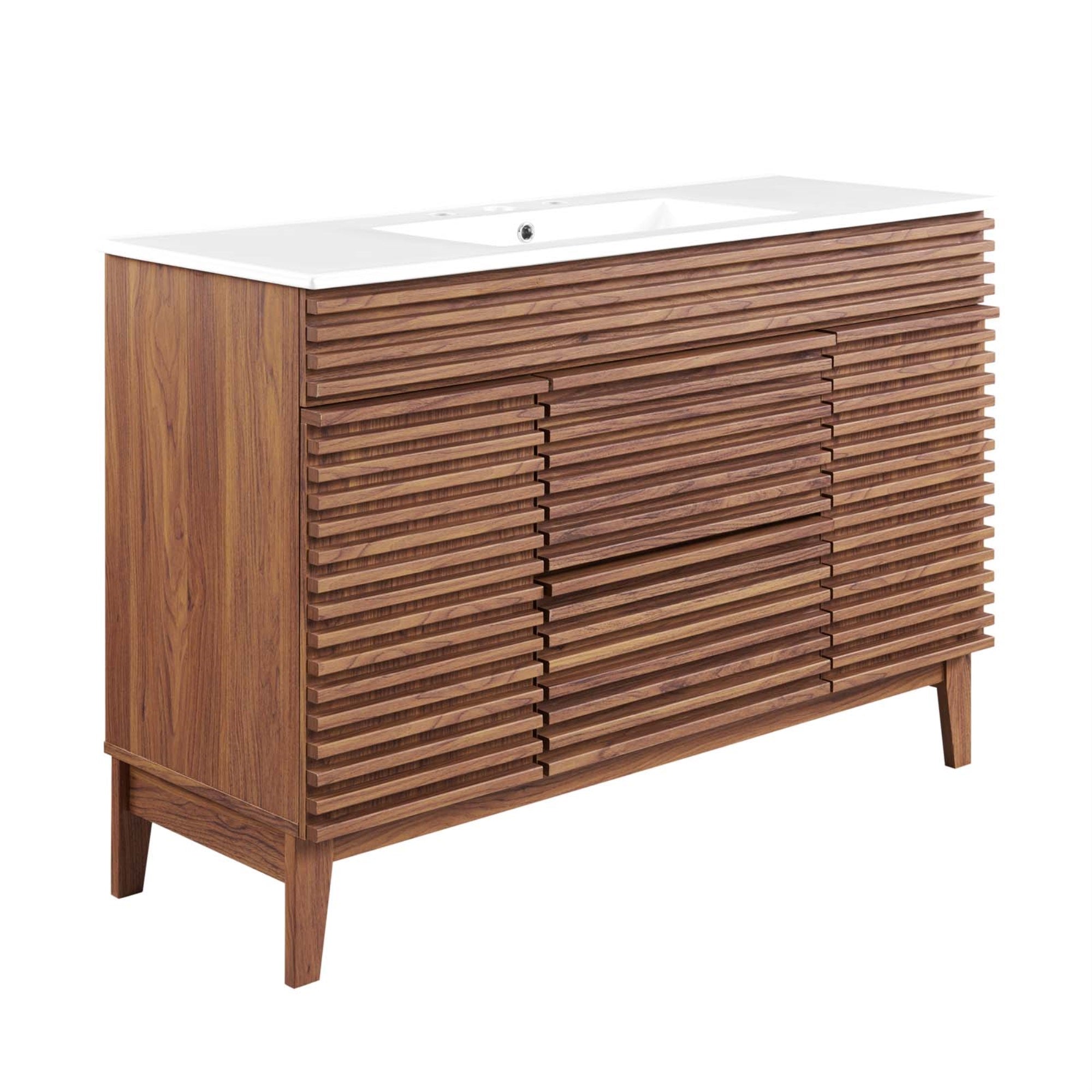 Render 48' Mid-Century Bathroom Vanity - Walnut Grain Laminate, Ample Storage, Ceramic Single Sink, Retro Modern Design