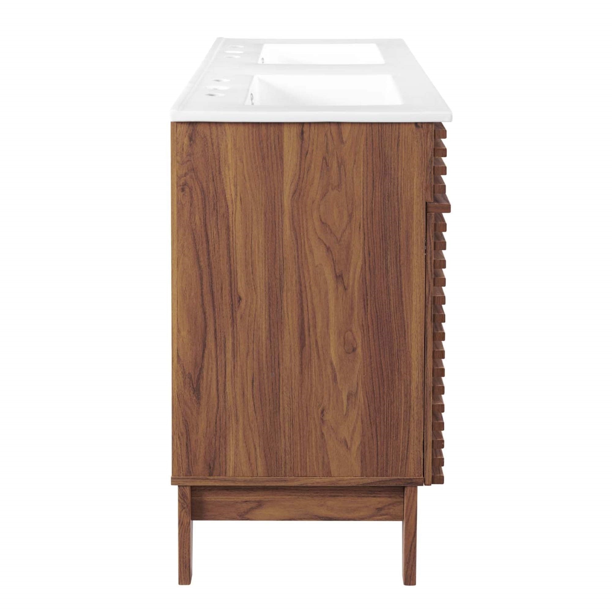 Yardlio Mid-Century Modern Walnut Laminate Double Sink Bathroom Vanity - Render 48'