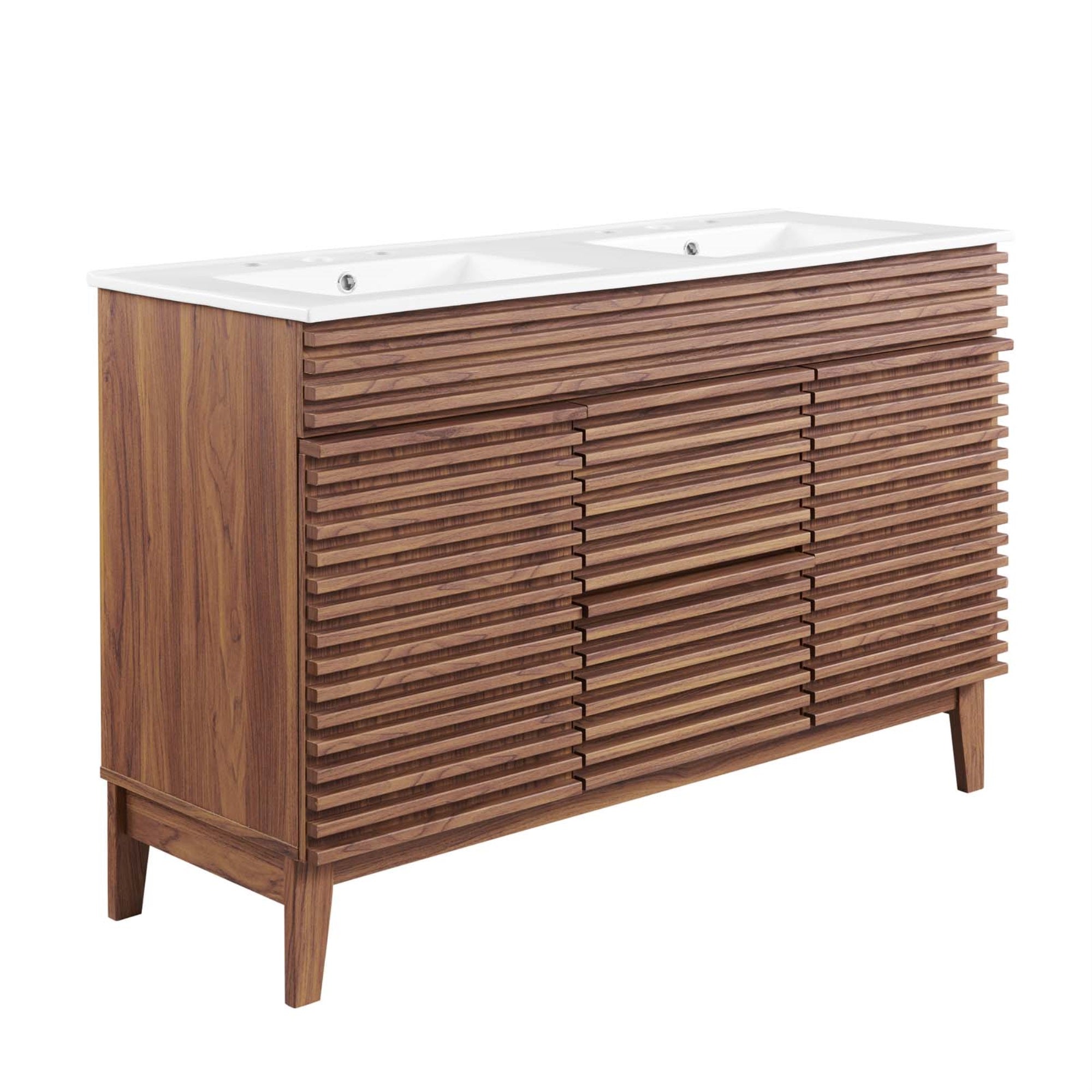 Render 48' Double Sink Bathroom Vanity - Mid-Century Modern Walnut Grain Laminate, Ample Storage, Ceramic Countertop