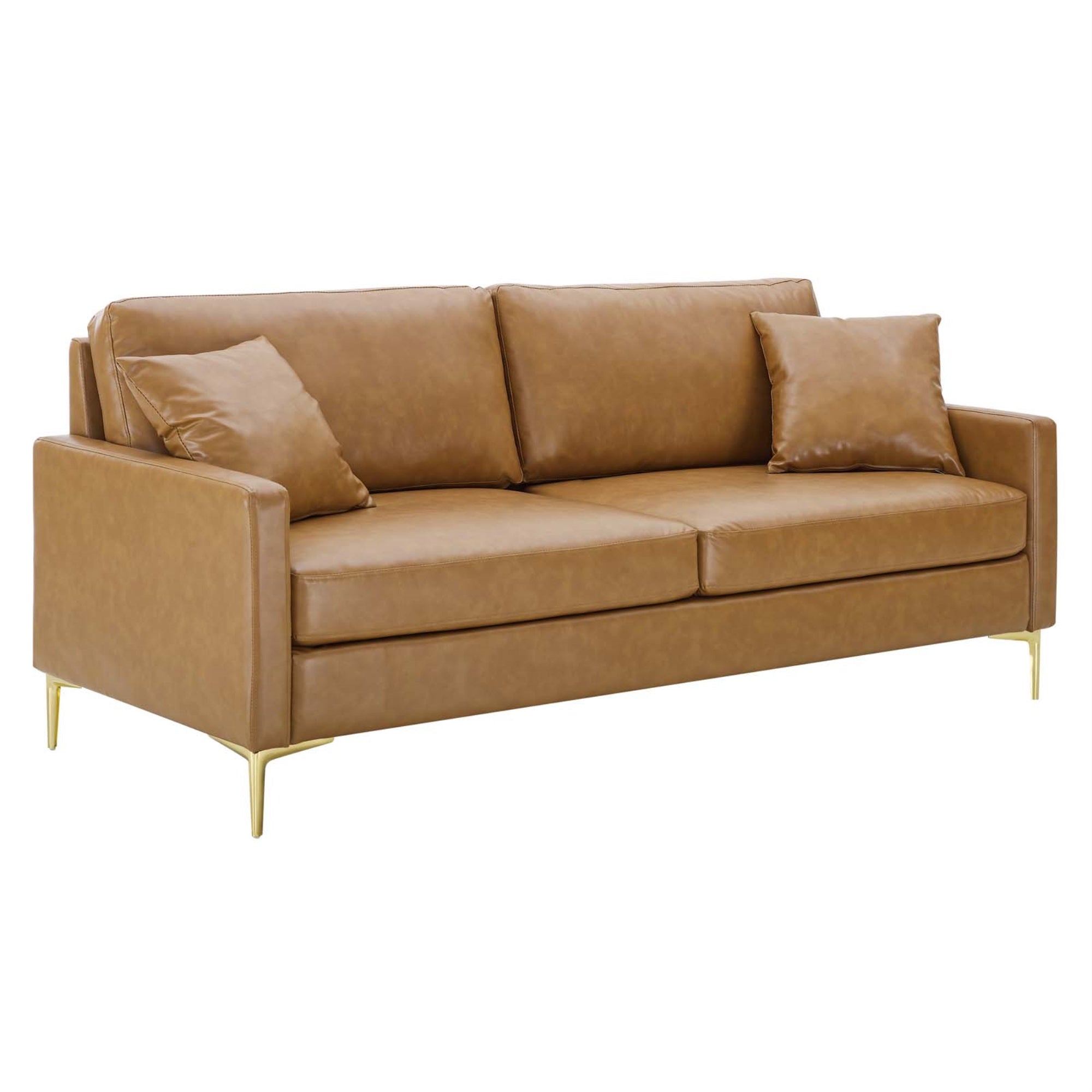 Juliana Vegan Leather Sofa - Mid-Century Style, Gold Accents, Foam Padding, 900 Lbs Capacity, Portable Box Delivery