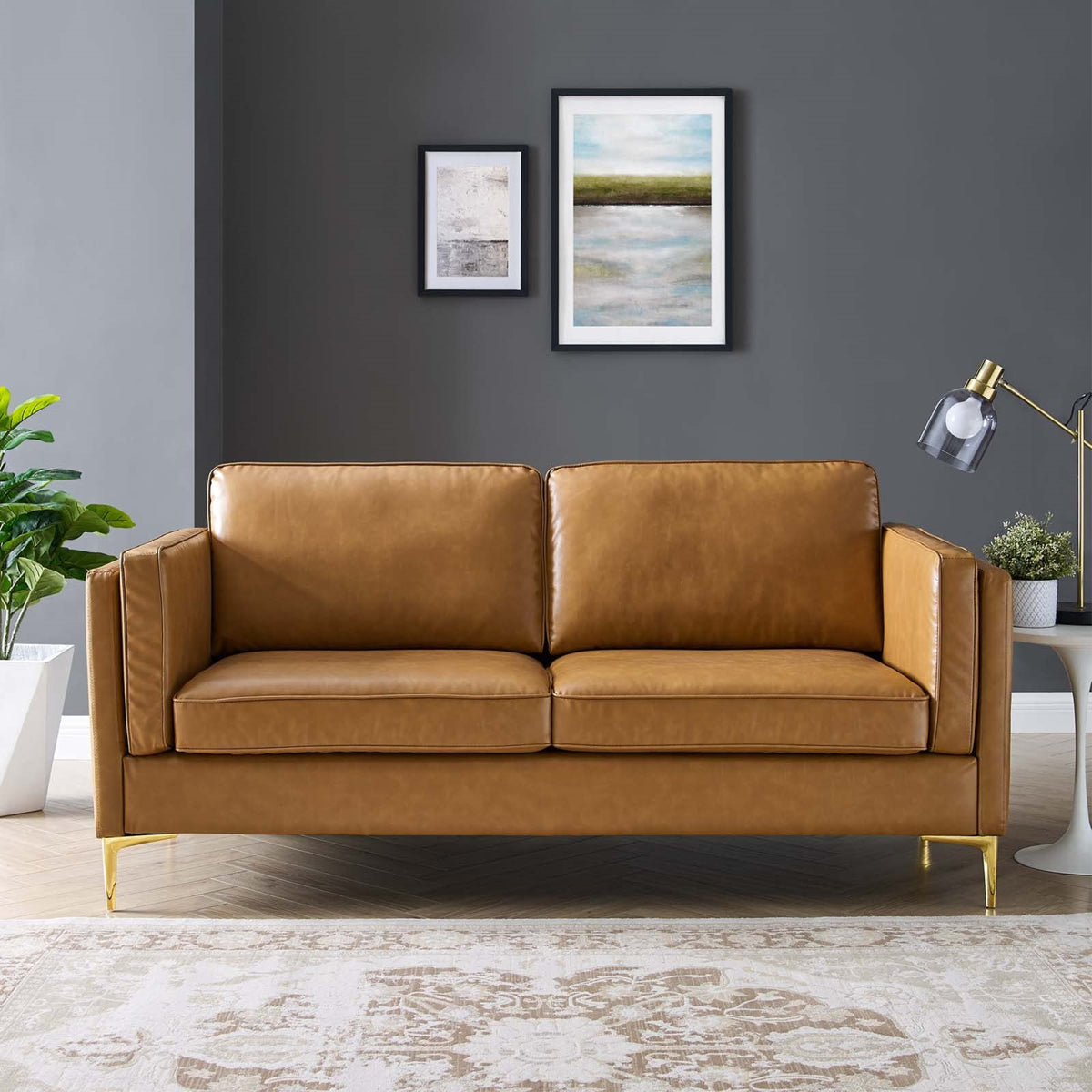 Casafoyer Kaiya Upholstered Vegan Leather Sofa, 32 X 71 X 33.5, Tan