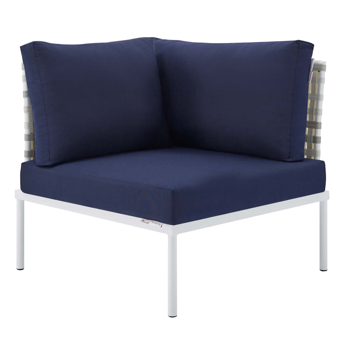 Harmony Sunbrella Basket Weave Outdoor Patio Aluminum Corner Chair Taupe Navy