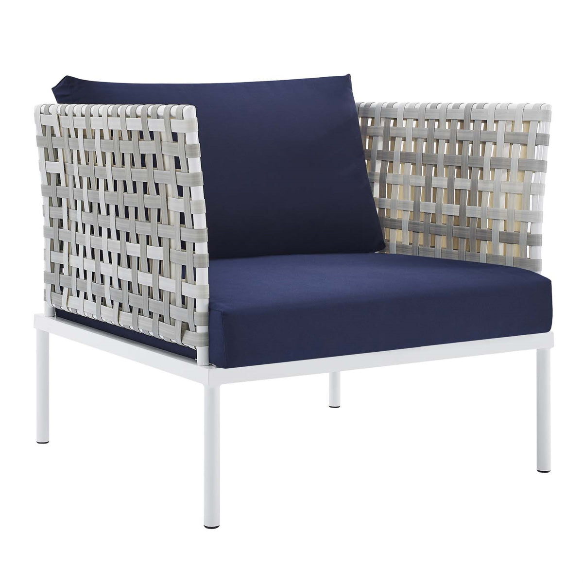 Harmony Sunbrella Basket Weave Outdoor Patio Aluminum Armchair Taupe Navy