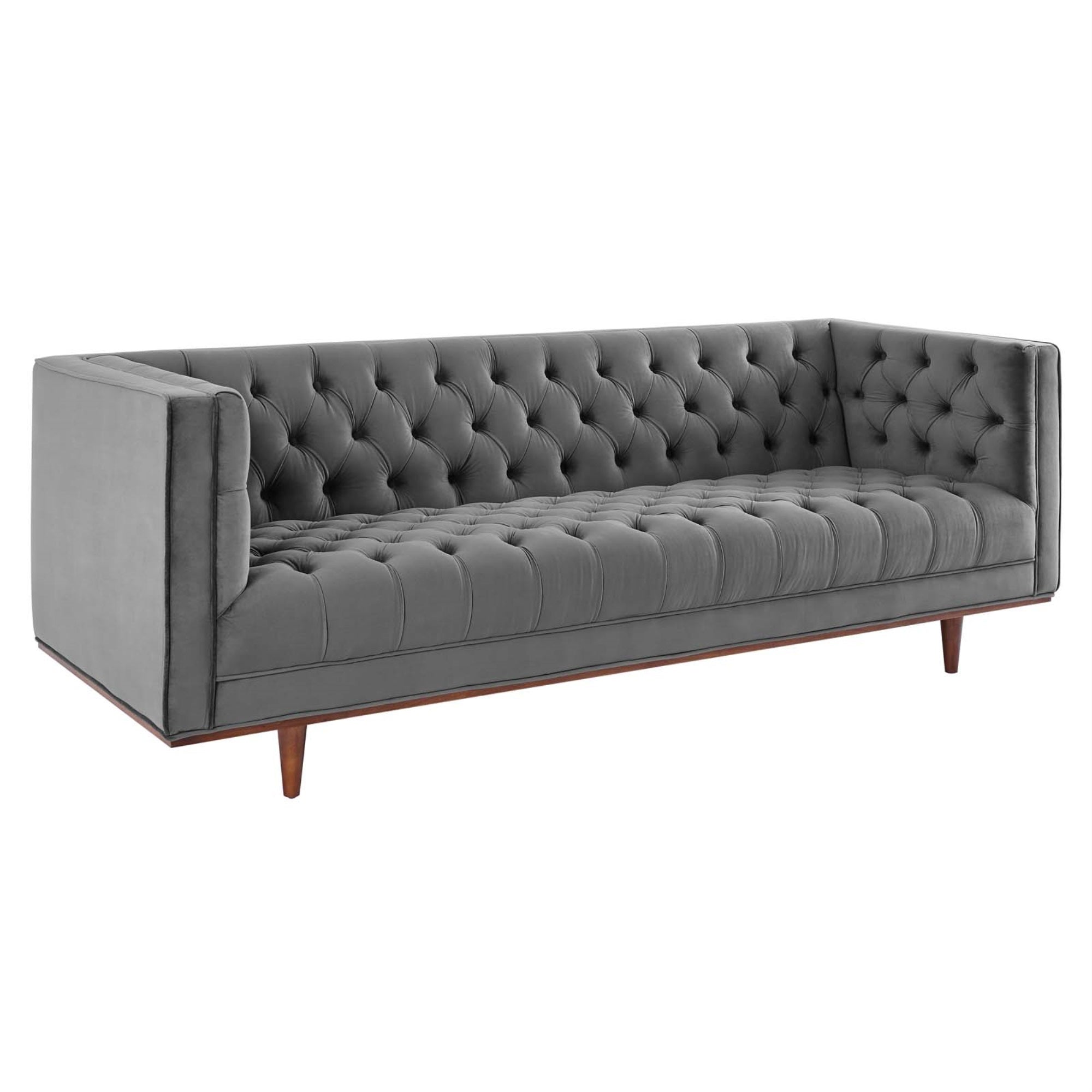 Elation Tufted Performance Velvet Sofa - Vintage Modern Glam Deco Style - Stain-Resistant - Dense Foam Padding - Wood Frame - Tapered Legs - Gray