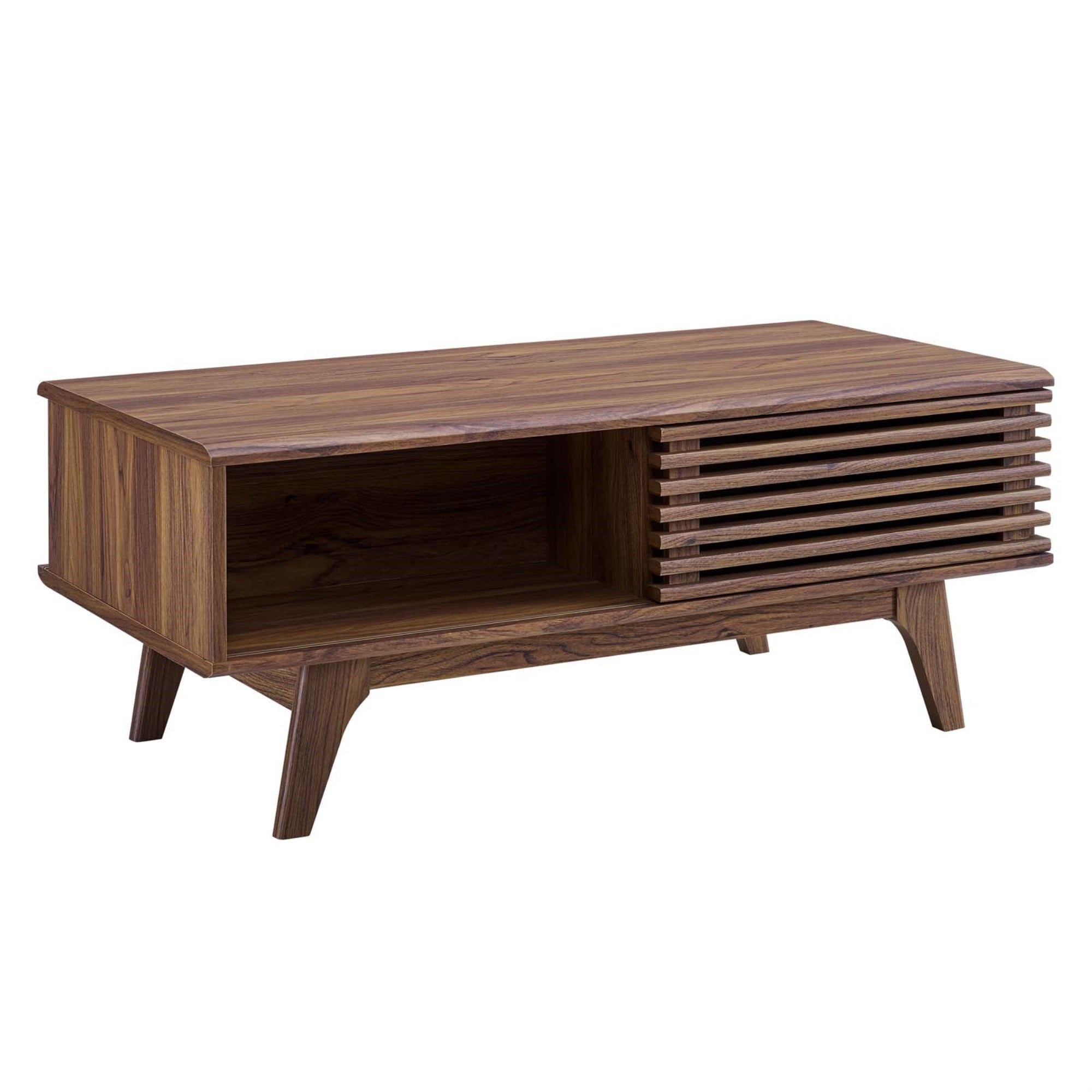Mid-Century Charm: Render Coffee Table - Walnut Laminate, Sliding Door, Splayed Frame - Versatile & Stylish. Ideal For Showcasing Items Or Enjoying A Hot Beverage.