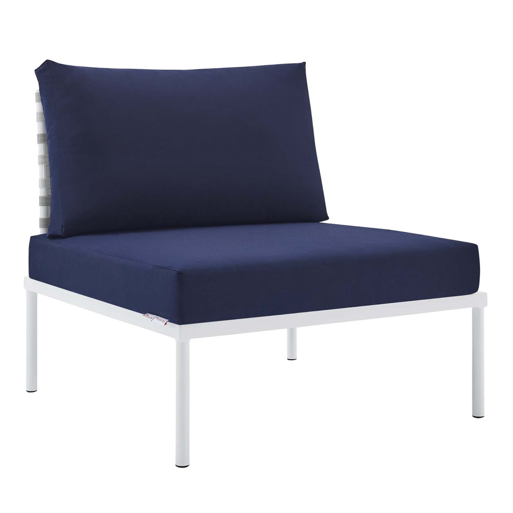 Harmony Sunbrella Basket Weave Outdoor Patio Aluminum Armless Chair Taupe Navy
