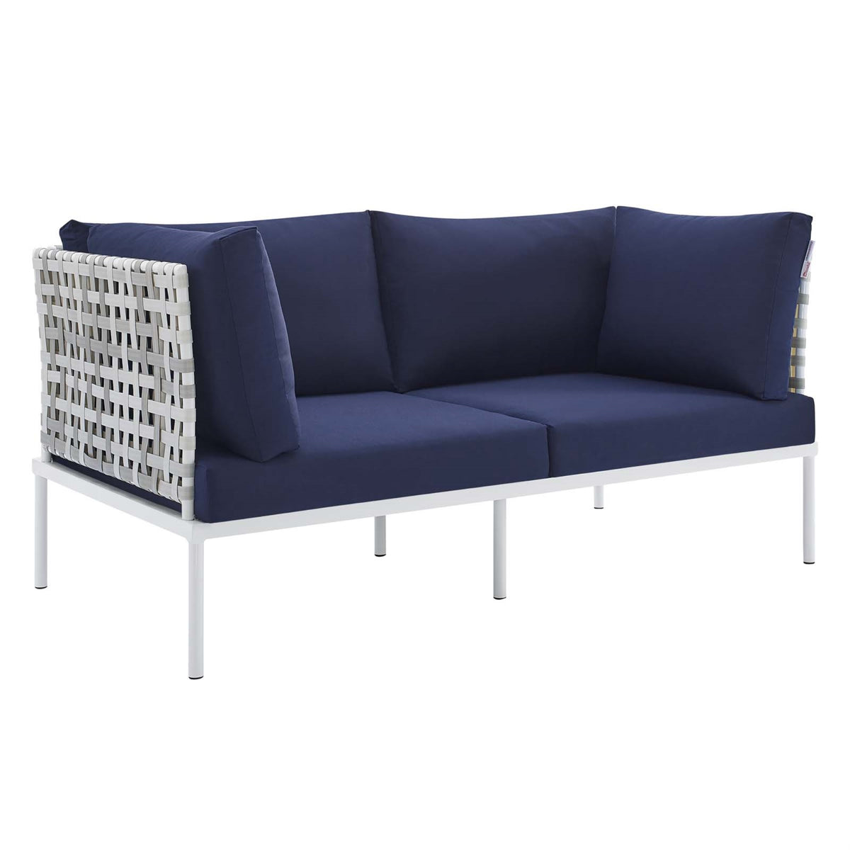 Harmony Sunbrella Basket Weave Outdoor Patio Aluminum Loveseat Taupe Navy