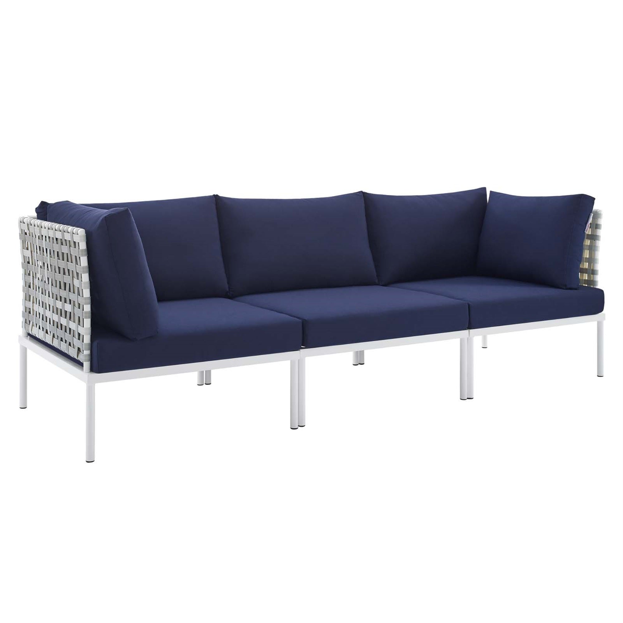 Harmony Sunbrella Basket Weave Outdoor Patio Aluminum Sofa Taupe Navy