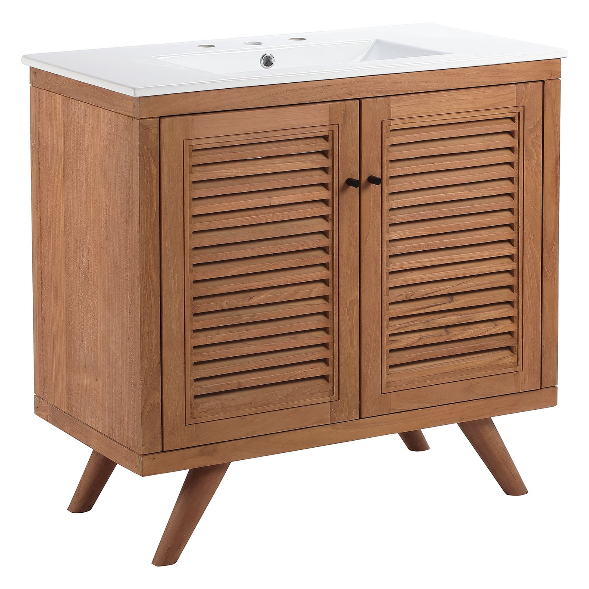 Ergode 36' Bathroom Vanity - Teak Wood Construction, Slatted Doors, Ceramic Sink Basin