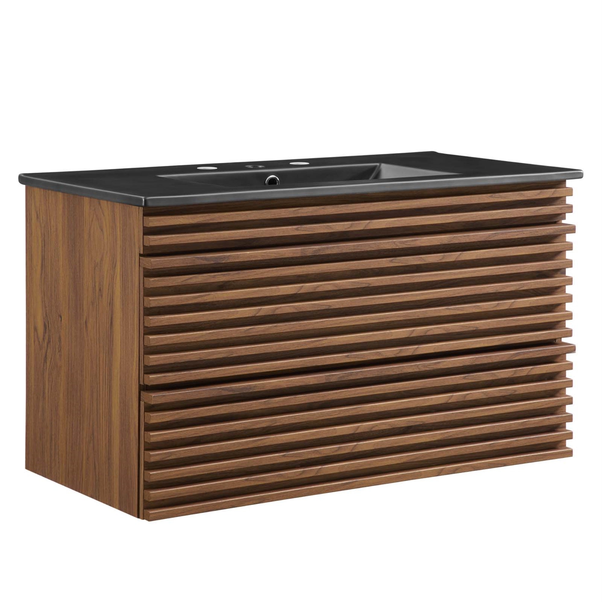 Ergode Vanity - 36' Mid-Century Bathroom Vanity With Walnut Laminate, 2 Drawers, Ceramic Sink & Countertop. Wall-Mount Design.