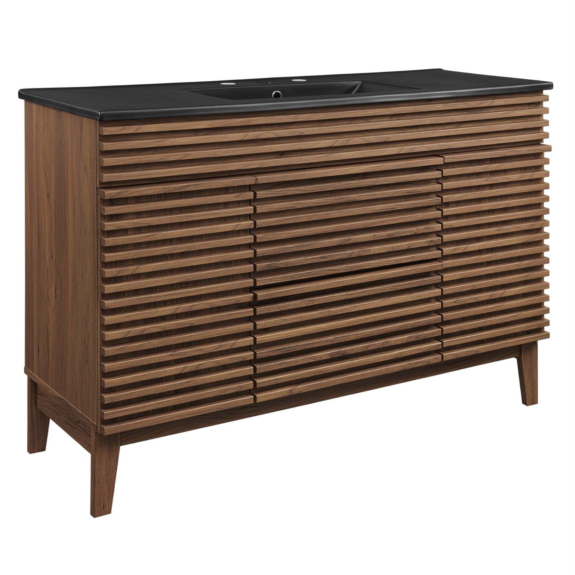 Ergode Vanity - 48' Mid-Century Bathroom Vanity With Ample Storage, Walnut Grain Laminate, Ceramic Sink & Countertop. Elegant & Functional.