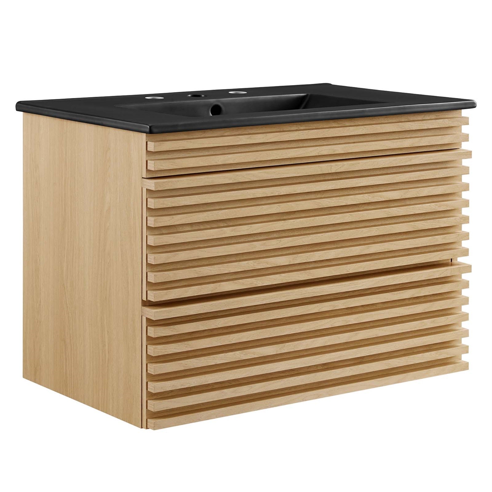 Ergode Vanity - 30' Wall-Mount Bathroom Vanity With Ceramic Sink And Ample Storage - Retro Modern Design - Walnut Laminate - Assembly Required