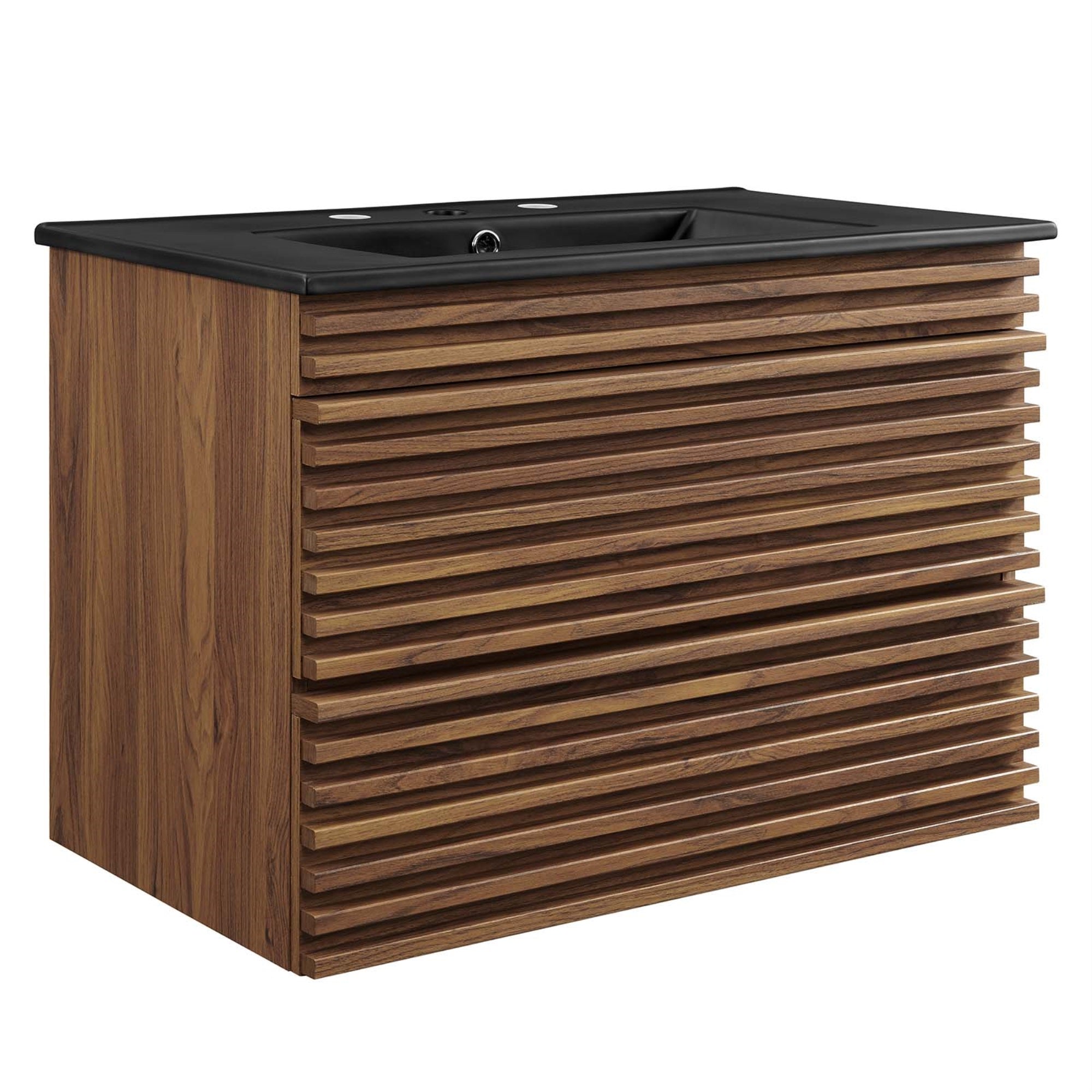 Ergode Vanity - 30' Wall-Mount Bathroom Vanity With Ceramic Sink - Ample Storage - Mid-Century Modern Design - Walnut Grain Laminate - Easy Assembly