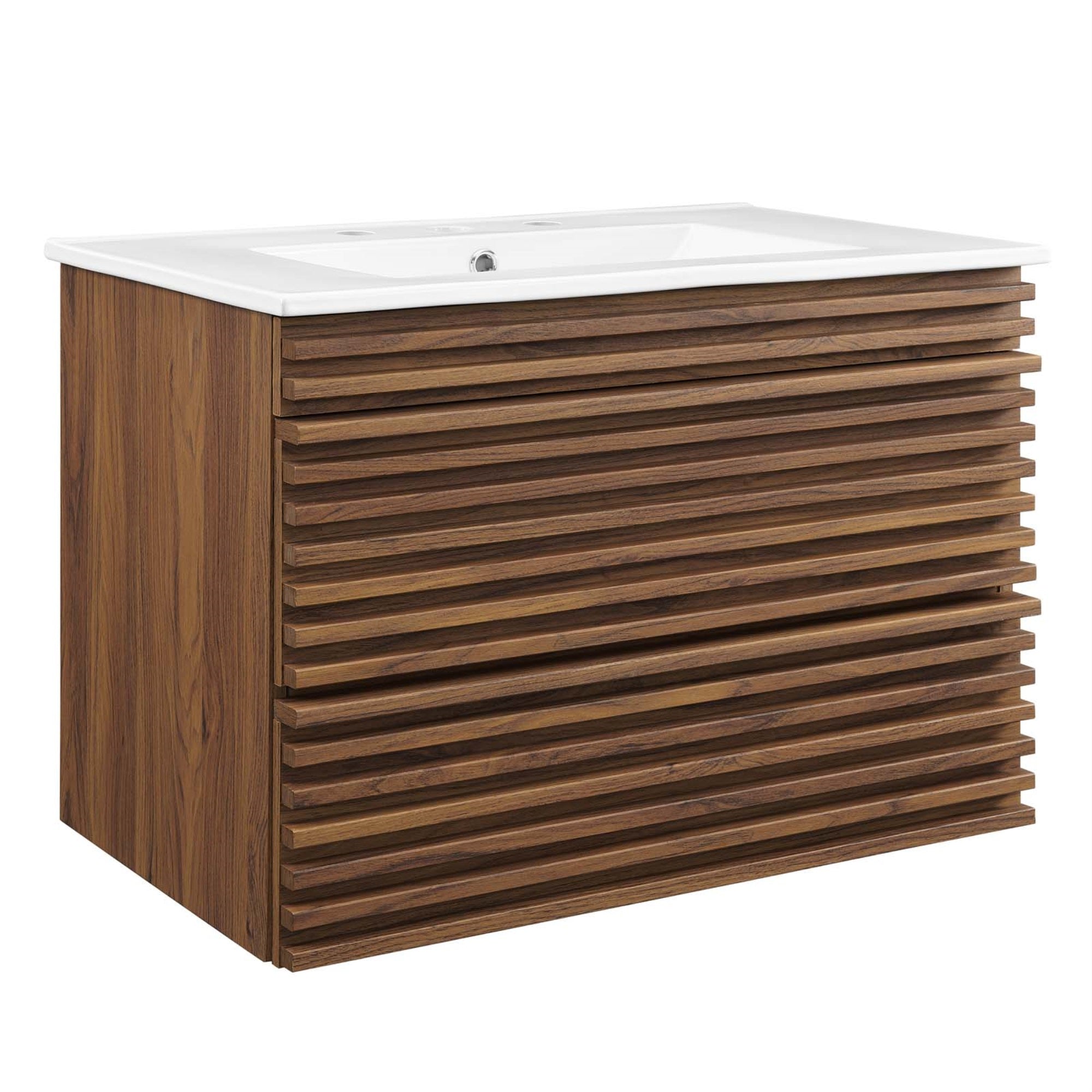 Ergode 30' Mid-Century Modern Wall-Mount Bathroom Vanity - Walnut Grain Laminate, 2 Drawers, Ceramic Basin Top.