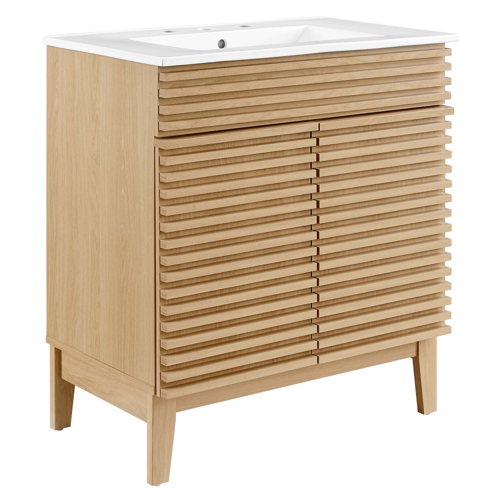 Ergode 30' Mid-Century Modern Bathroom Vanity - Durable Frame, Adjustable Shelf, Soft-Close Doors, Ceramic Basin