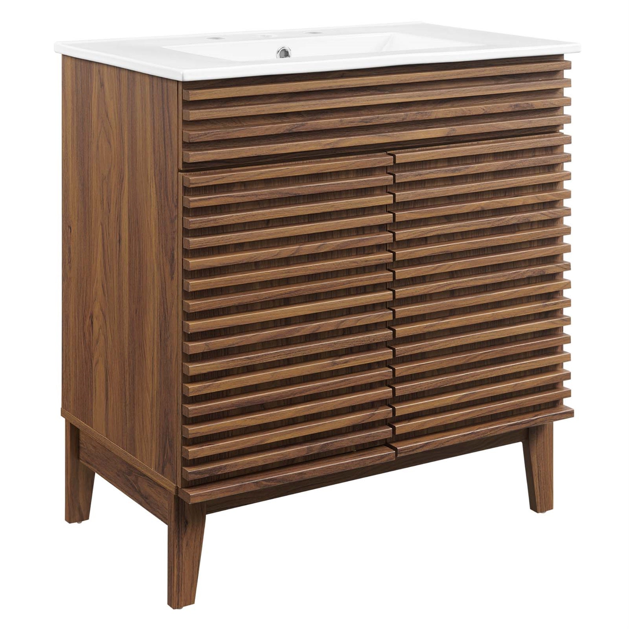 Ergode Mid-Century Vanity Set - 30' Cabinet With Ceramic Basin, Adjustable Shelf, Elegant Design. Assembly Required. Fixtures Not Included.