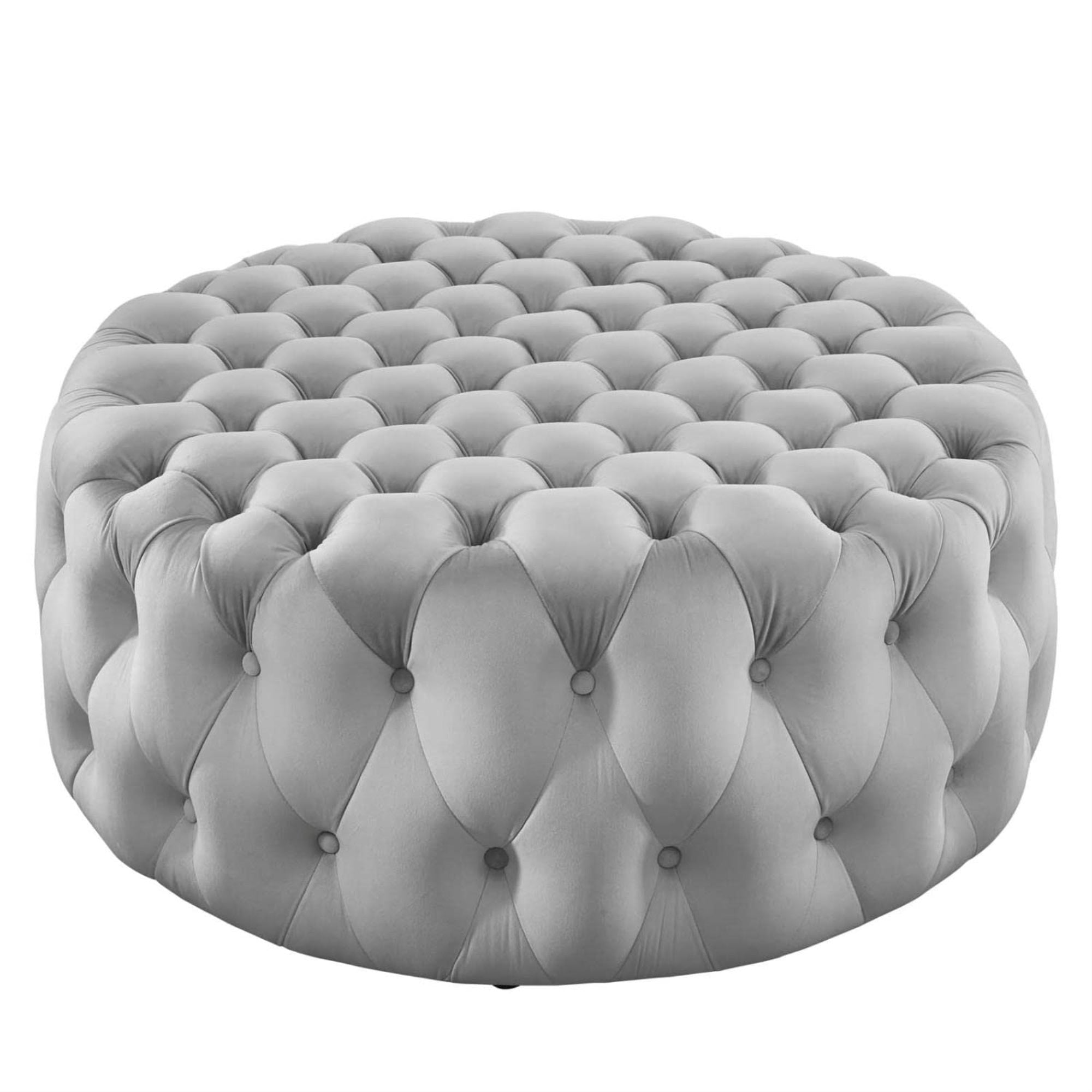 Casafoyer Amour Modern Button Tufted Round Velvet Ottoman In Light Gray