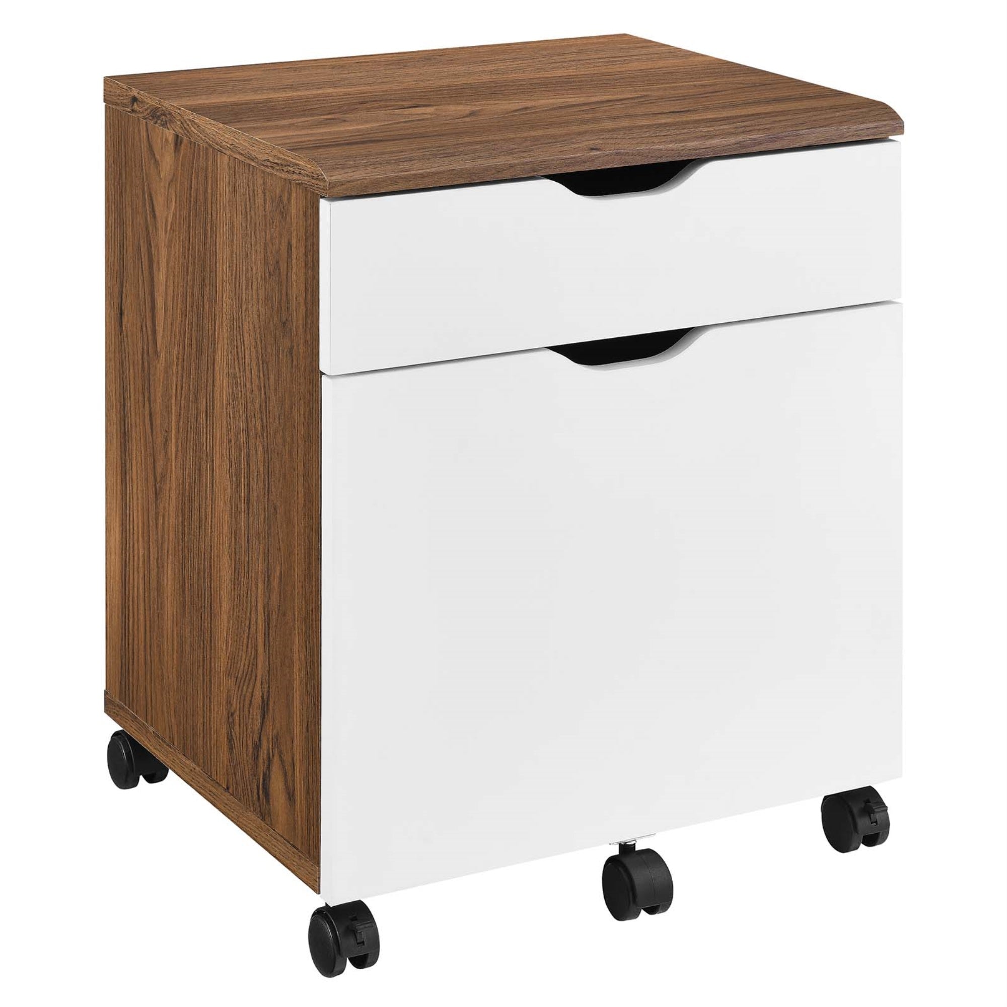 Ergode Filing Cabinet - Walnut Wood Grain Laminate, White Drawer Fronts, 4 Casters, 200 Lbs Capacity. Upgrade Your Workplace With This Durable And Stylish Cabinet.