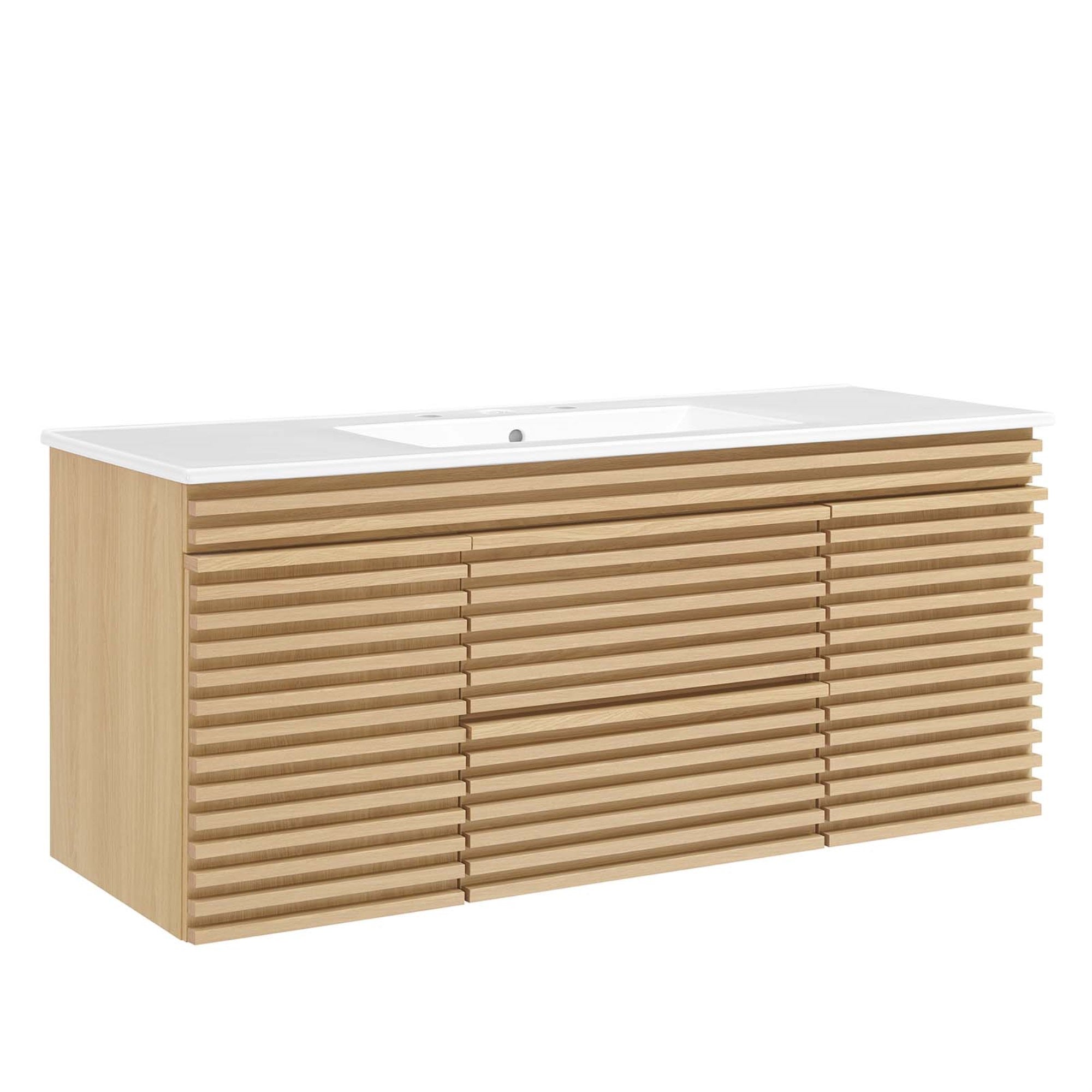 Ergode 48' Wall-Mount Bathroom Vanity - Mid-Century Style, Ample Storage, Laminate Finish, Soft-Close Doors & Drawers, Ceramic Basin