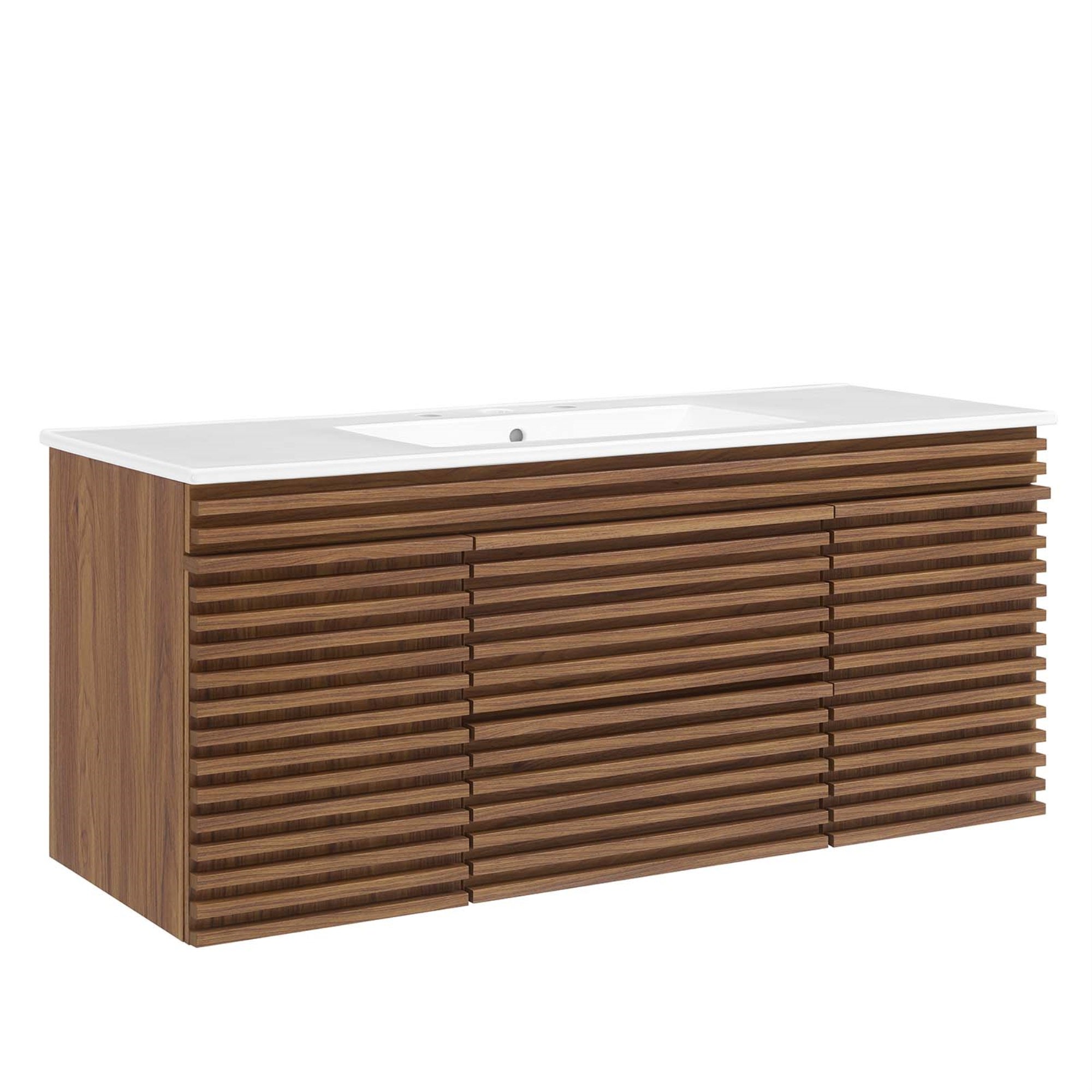 Ergode 48' Wall-Mount Bathroom Vanity - Mid-Century Design, Ample Storage, Laminate Finish. Includes Ceramic Basin Top & Cabinet. Assembly Required.