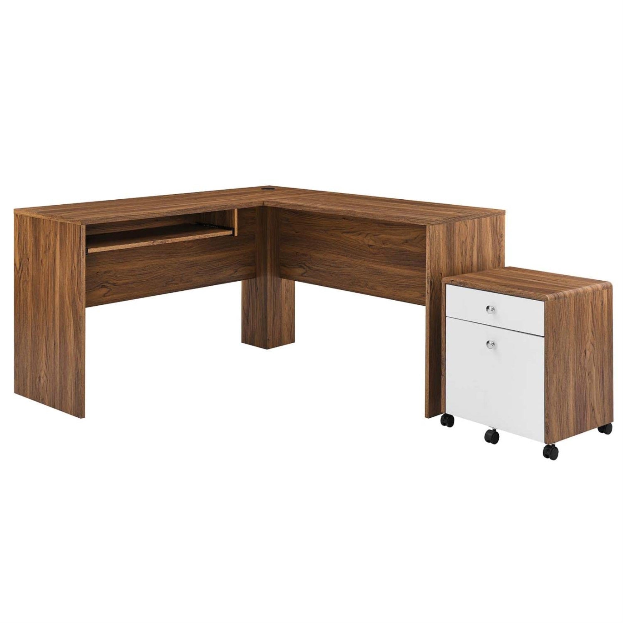 Casafoyer Transmit Mid-Century Modern Office Walnut White, Desk And File Cabinet Set