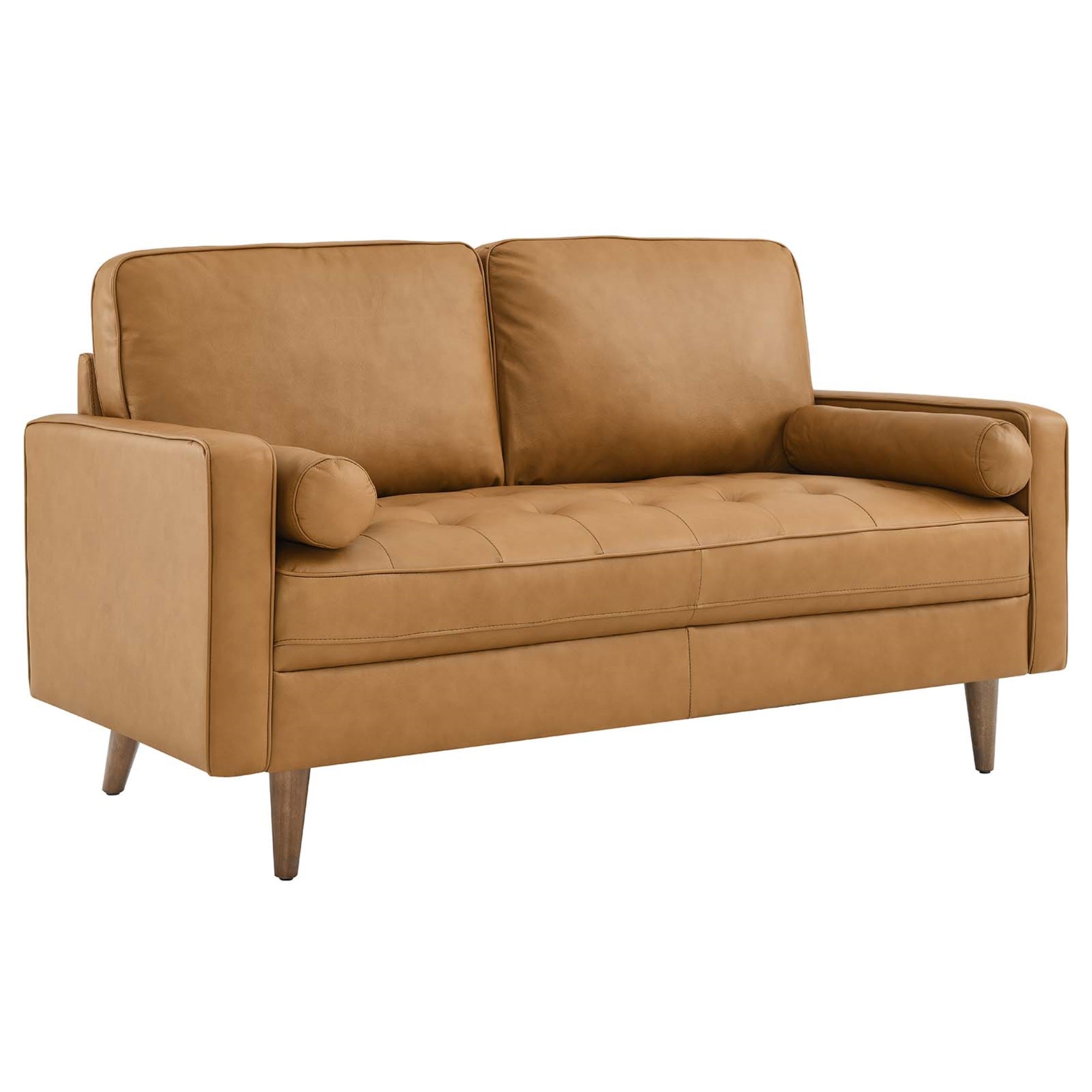 Ergode Leather Loveseat - Mid-Century Style, Top Grain Leather, Tufted Two-Seater Sofa With Bolster Pillows. Walnut-Stained Legs. 660 Lbs Weight Limit.