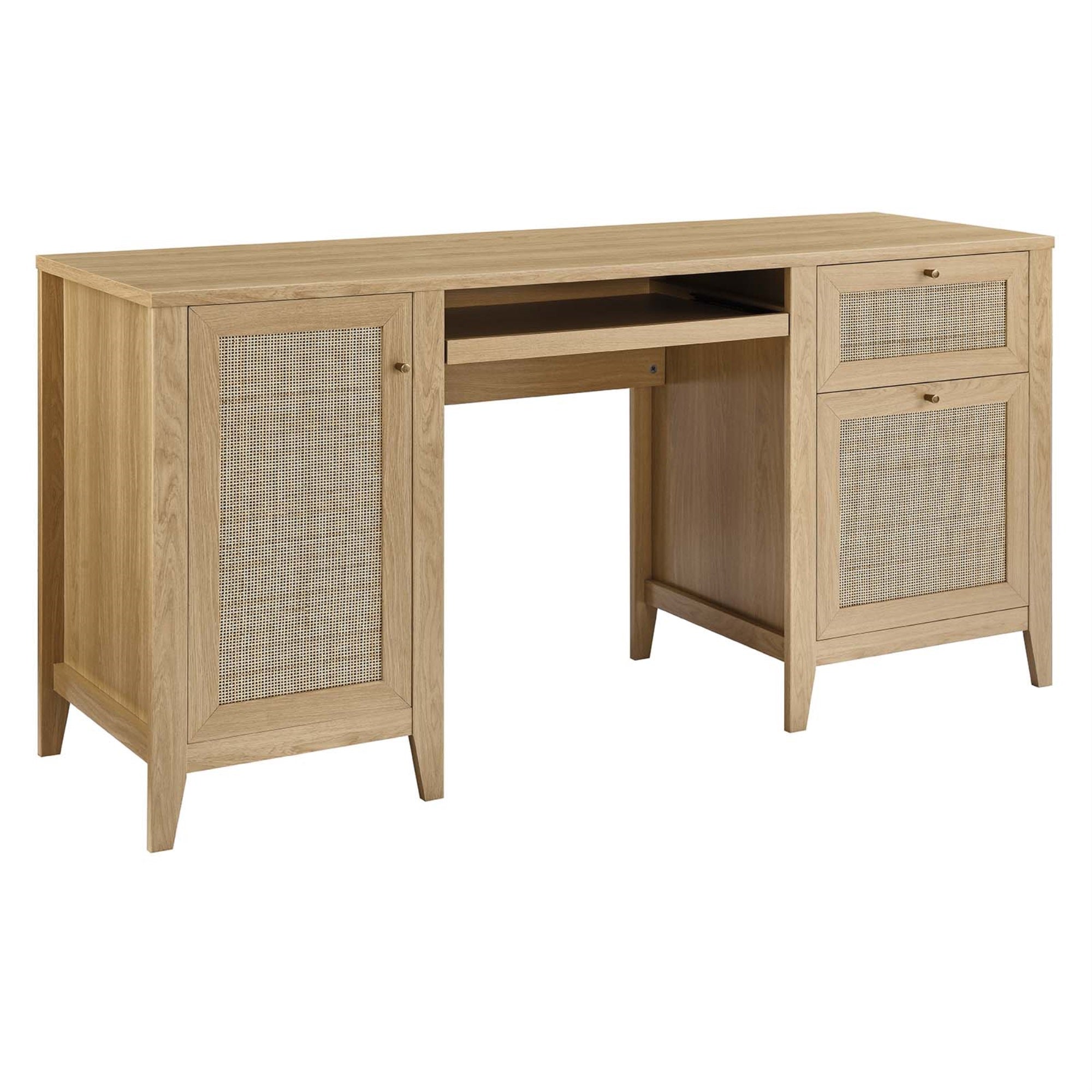 Ergode 63' Office Desk - Rattan Weave Storage, Slide-Out Keyboard Tray, Concealed Storage, Durable Mdf, Natural Wood Grain Finish