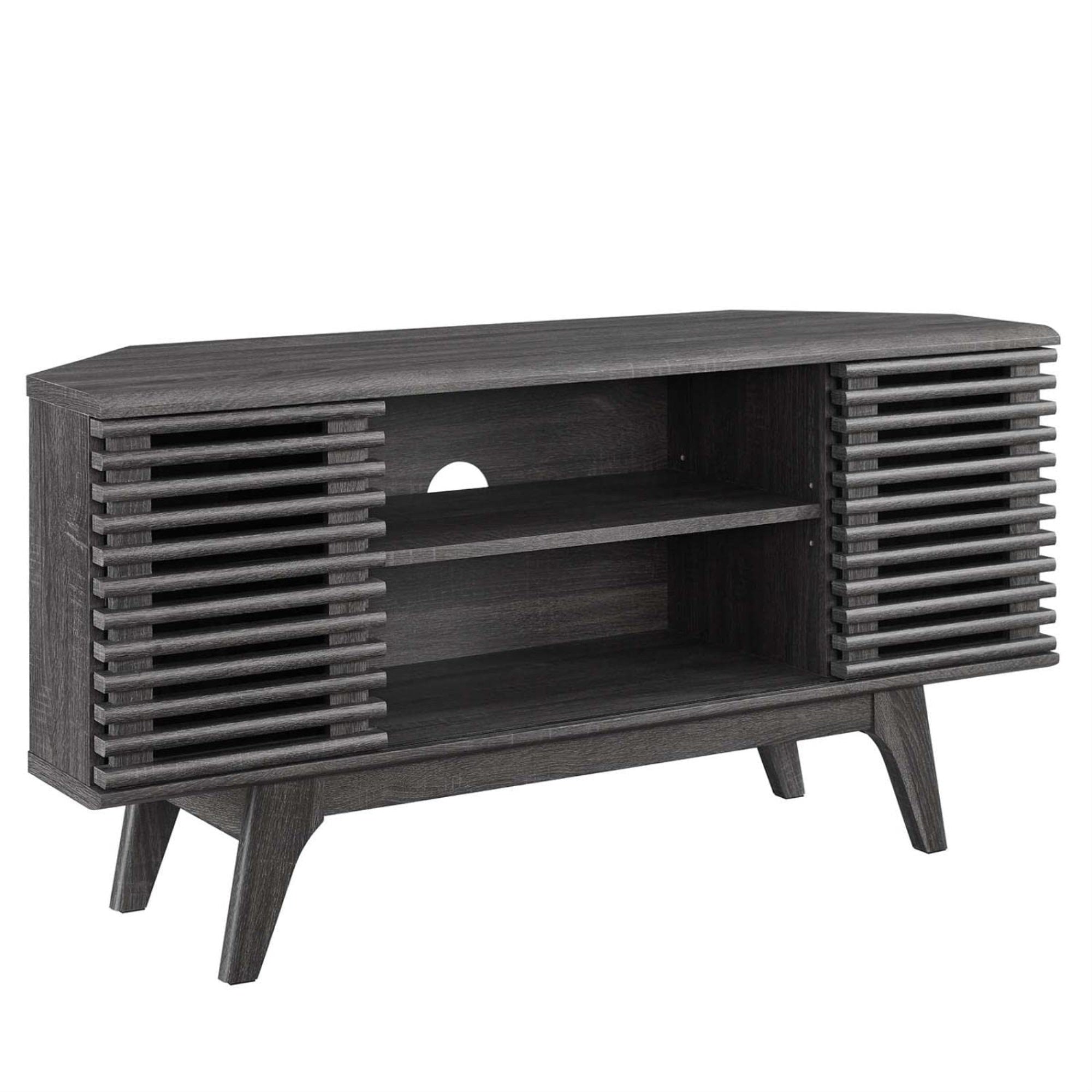 Yardlio 46' Corner Tv Stand - Mid-Century Style, Walnut Veneer, Adjustable Shelves