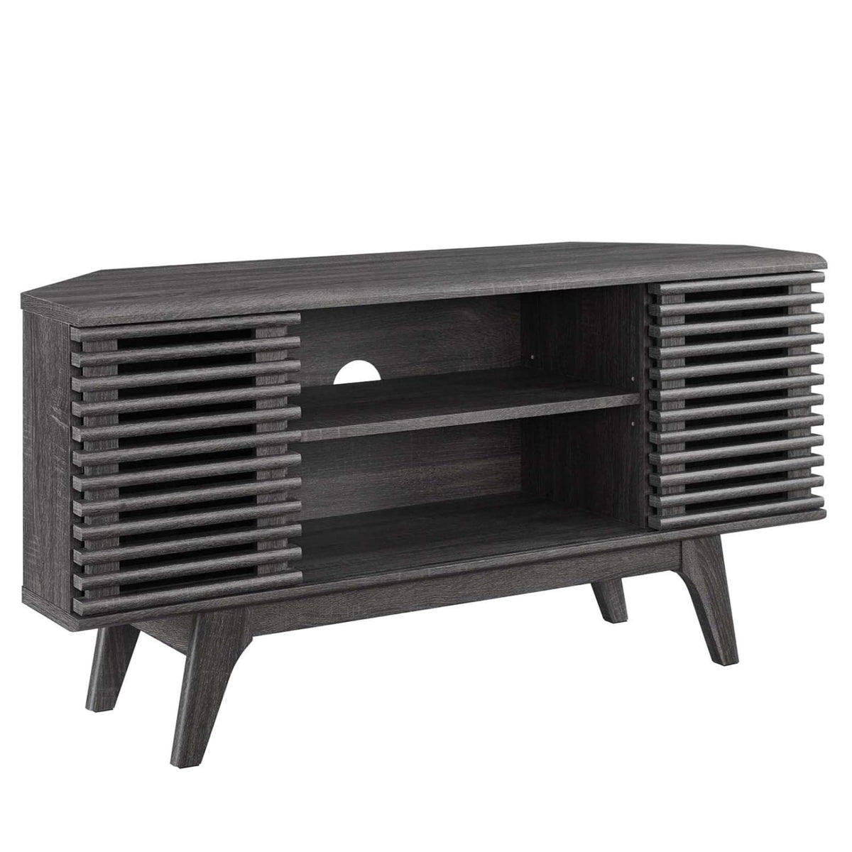 Yardlio 46' Corner Tv Stand - Mid-Century Style, Walnut Veneer, Adjustable Shelves