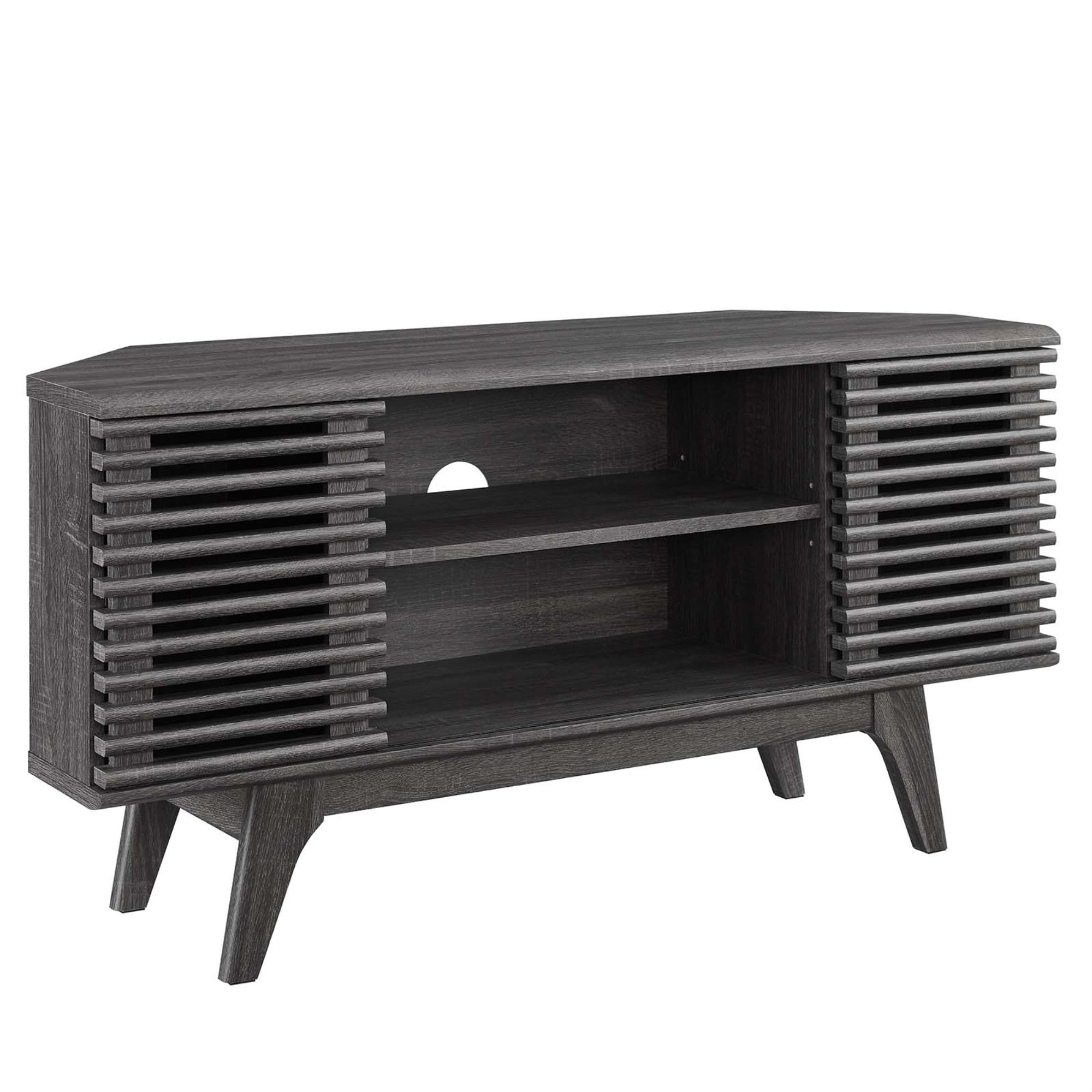 Ergode 46' Corner Tv Stand - Mid-Century Walnut Veneer, Adjustable Shelves, Sliding Doors, Cable Management - Fits Tvs Up To 50'