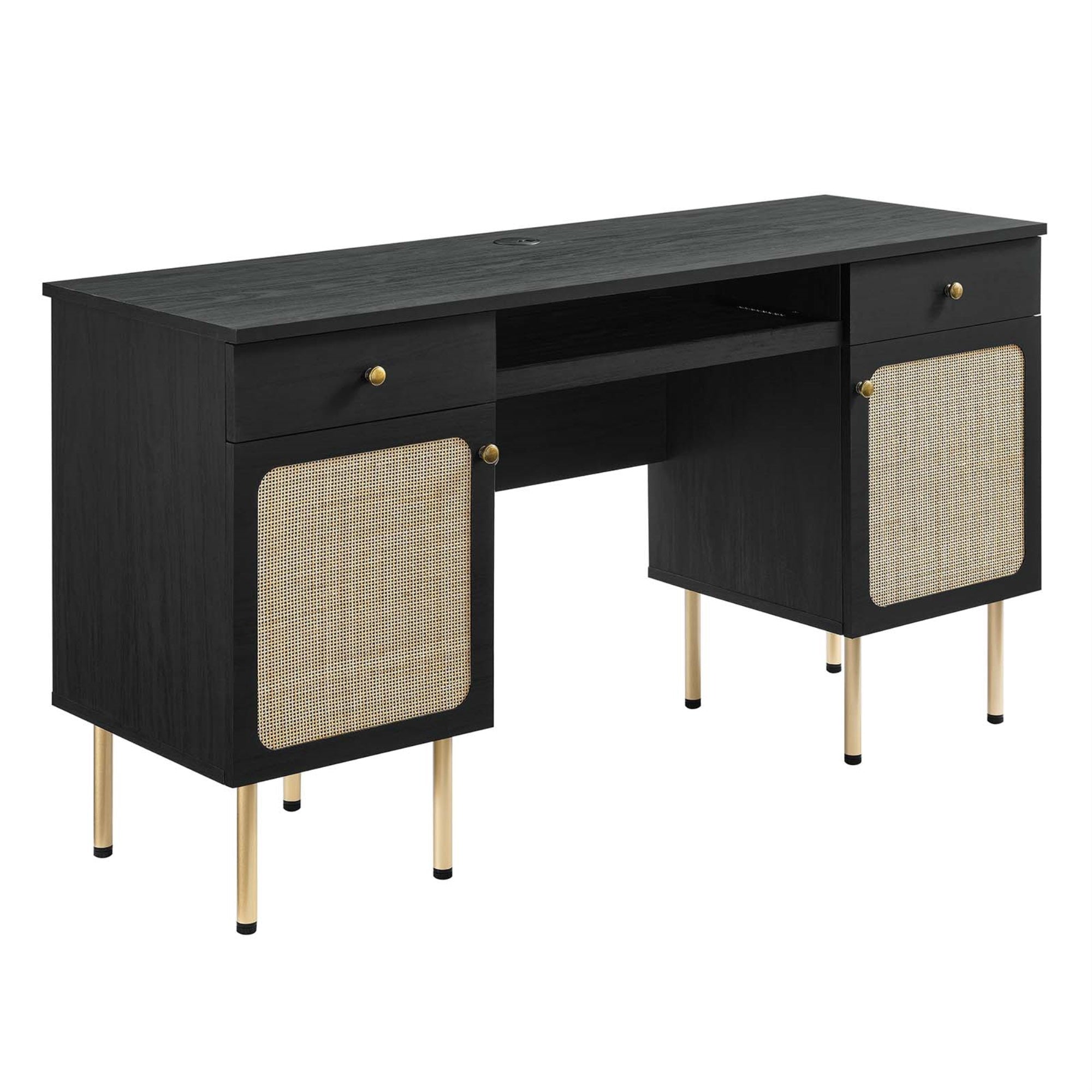 Ergode Office Desk With Rattan Weaving - Stylish And Functional Workspace Solution With Adjustable Shelves And Keyboard Tray