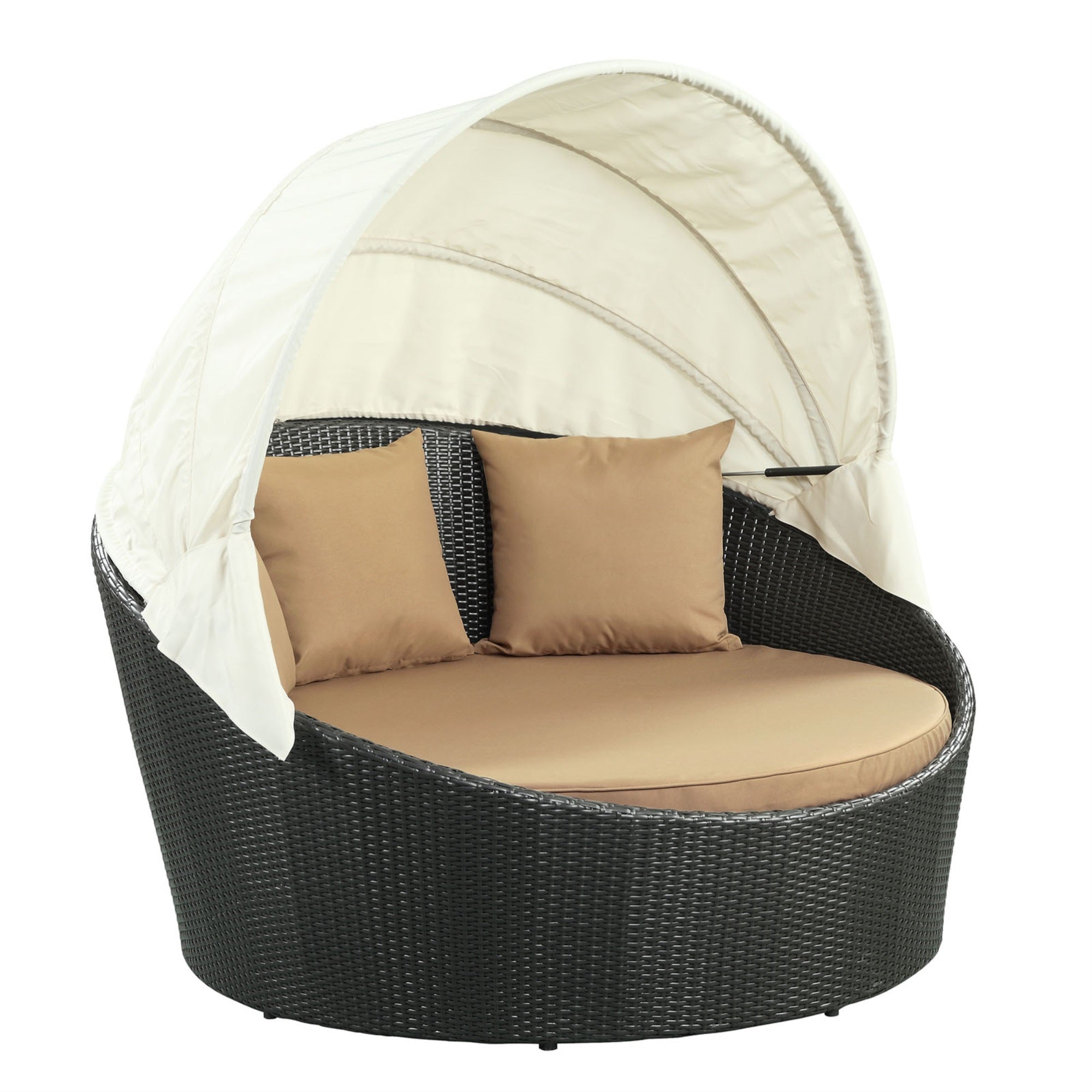 Siesta Outdoor Wicker Patio Canopy Bed - Ultimate Relaxation, All-Weather Cushion, Retractable Sun Guard, Modern Design, Includes Throw Pillows