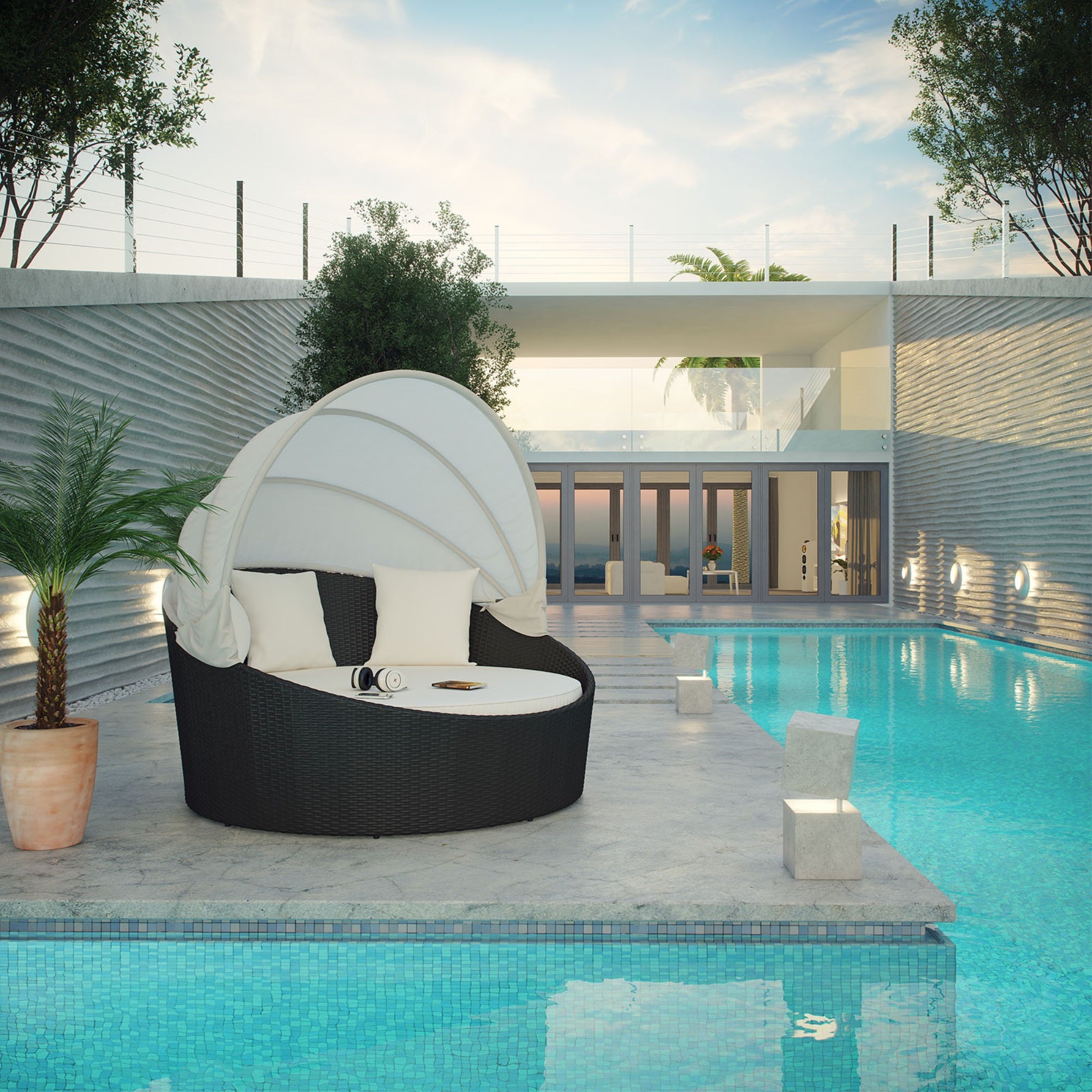 Siesta Outdoor Wicker Patio Canopy Bed - Ultimate Relaxation, All-Weather Cushion, Retractable Sun Guard, Modern Design. Includes 3 Throw Pillows.