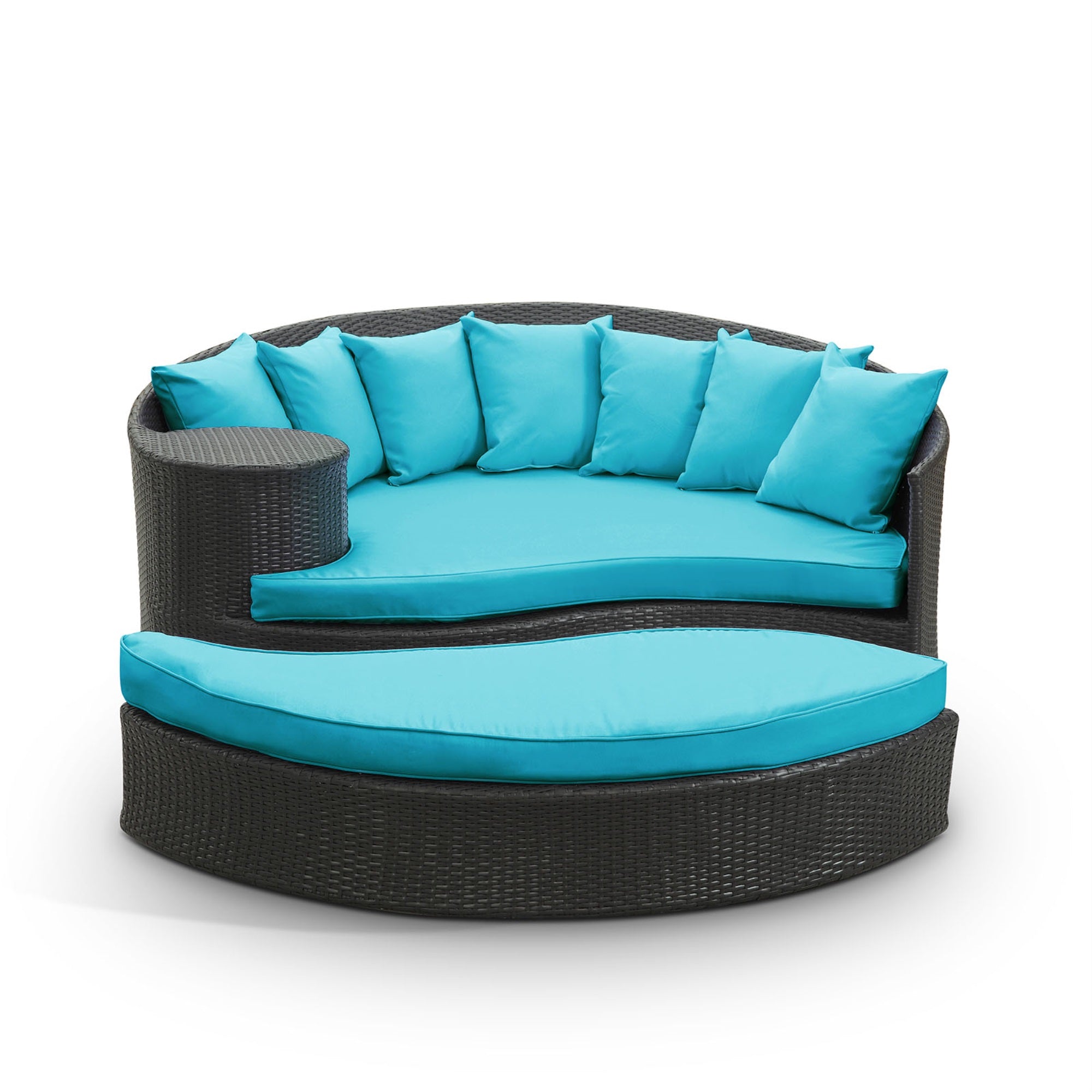 Taiji Outdoor Wicker Patio Daybed Set - Luxurious All-Weather Cushions, Ottoman, And 7 Plush Throw Pillows For Ultimate Comfort And Elegance.