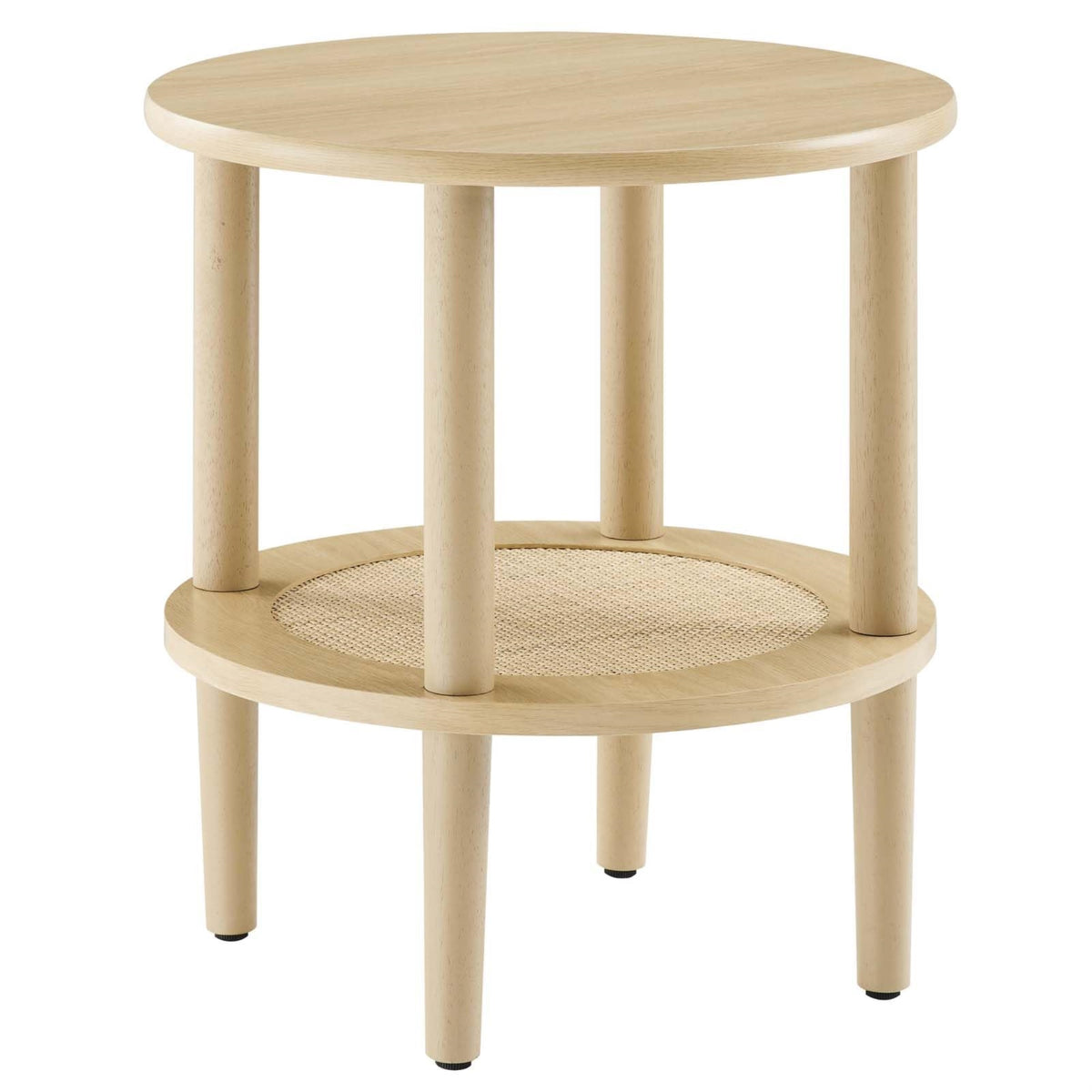 Casafoyer Torus Round Wood Side Table With Lower Rattan Shelf In Oak