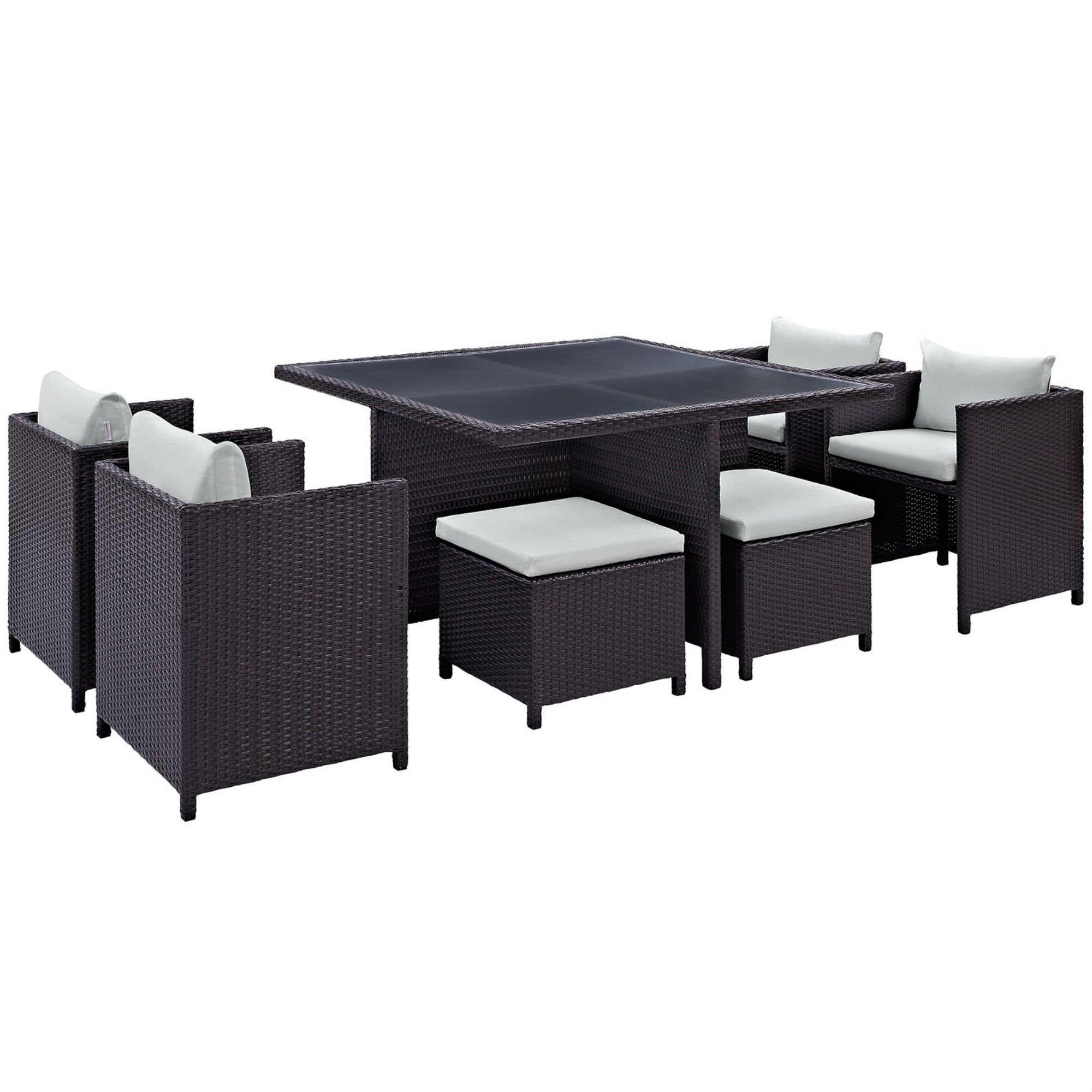 Inverse Outdoor Patio 9-Piece Dining Set - Espresso Wicker Rattan Table, Cushioned Seating, All-Weather Durability