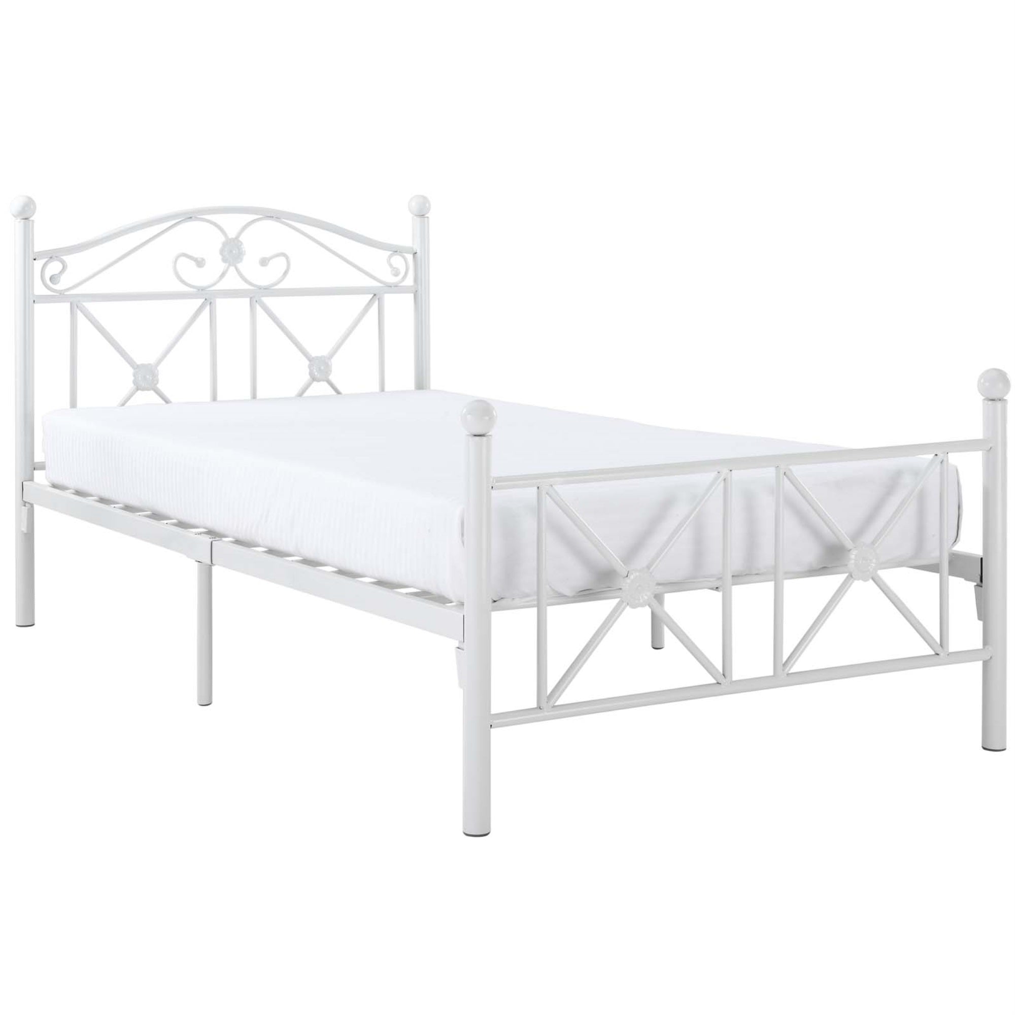 Country Cottage Iron Twin Bed Frame - Glossy White Finish With Charming Ball Finials And Serene Latticework Design