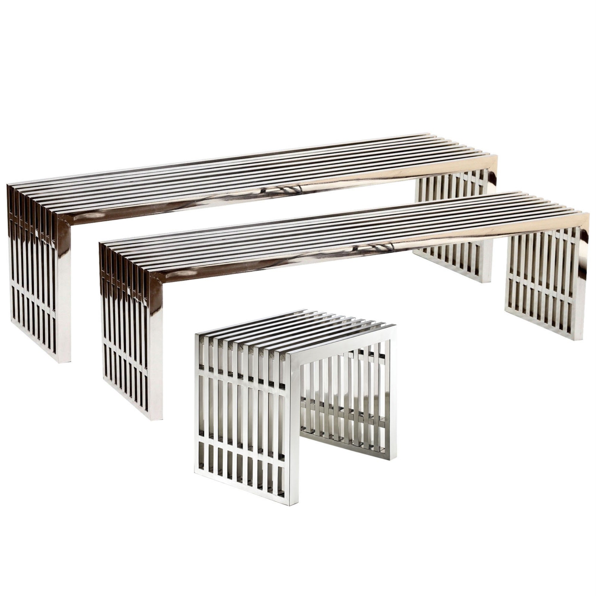 Gridiron Stainless Steel Bench Set - Dynamic And Lively Design - Small And Large Benches - Exuberant And Joyful Atmosphere