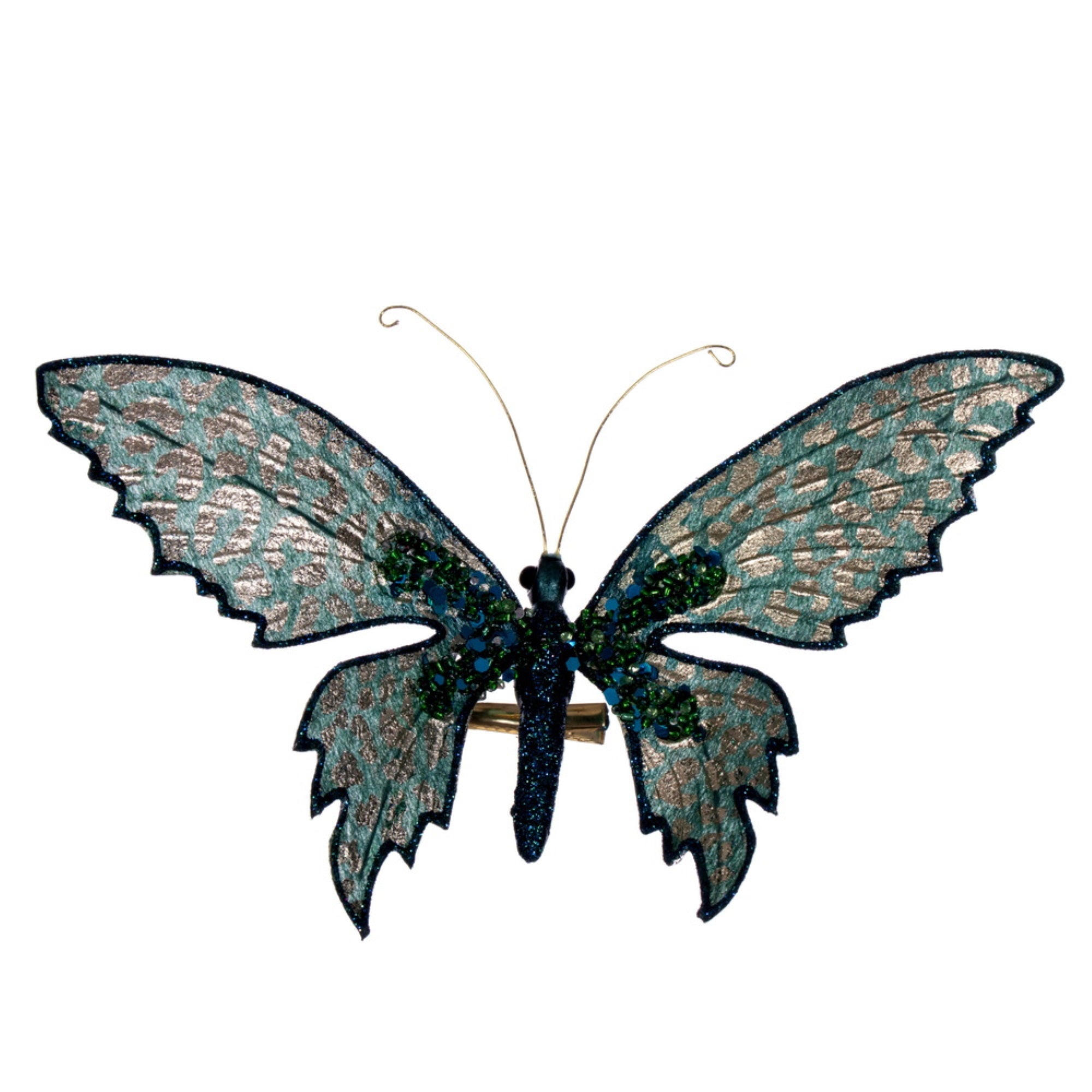 Vickerman 7.5” Seafoam Glitter Butterfly on Clip 4/Bag. Butterfly measures 7.5 by 4.5 by 2 inches.