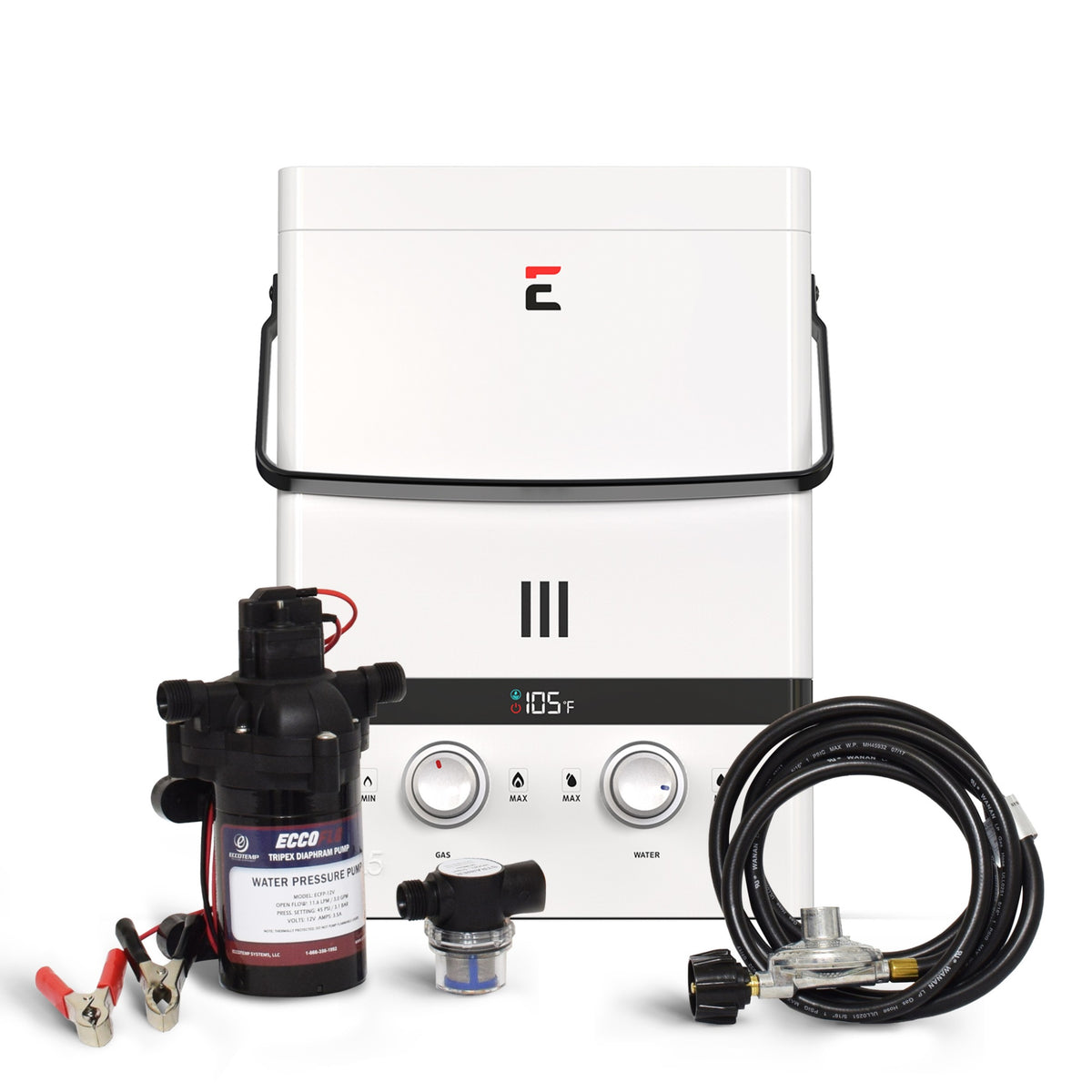 Eccotemp Luxe 1.5 Gpm Outdoor Portable Tankless Water Heater W/ Eccoflo Diaphragm 12V Pump And Strainer