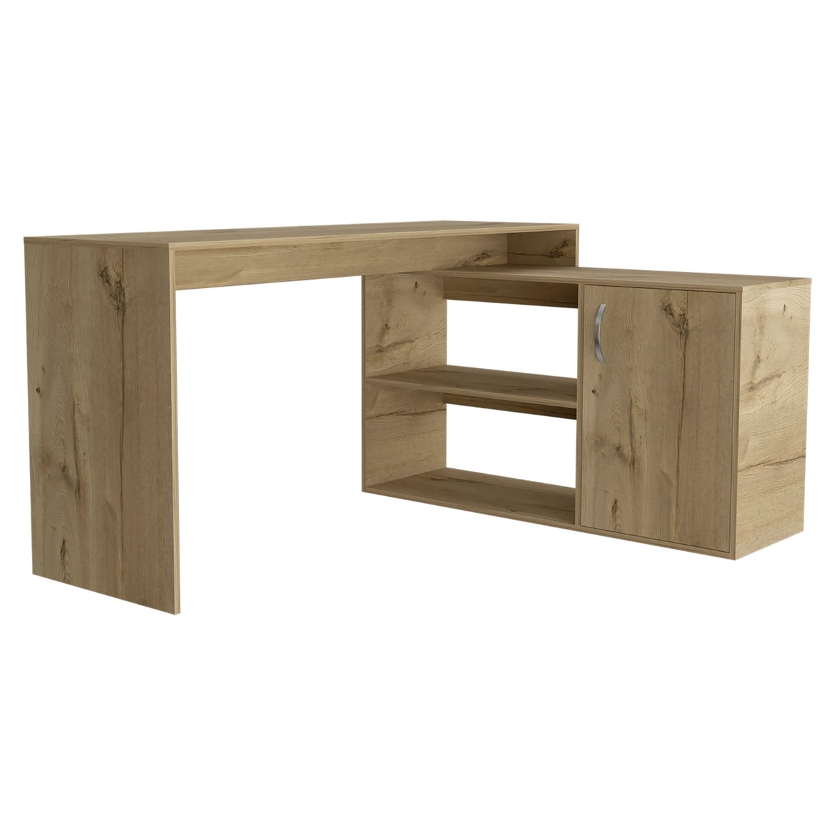 Tuhome Axis Desk, Countertop Desk, Two Internal Shelves, One Door Cabinet, Two Open Shelves, Light Oak, For Office