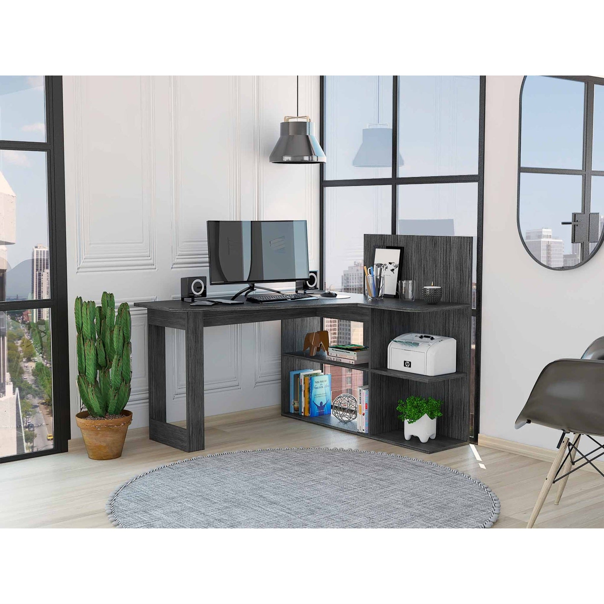 Tuhome Masai Computer Desk, Countertop Desk, Five Open Shelves, Grey Oak, For Office