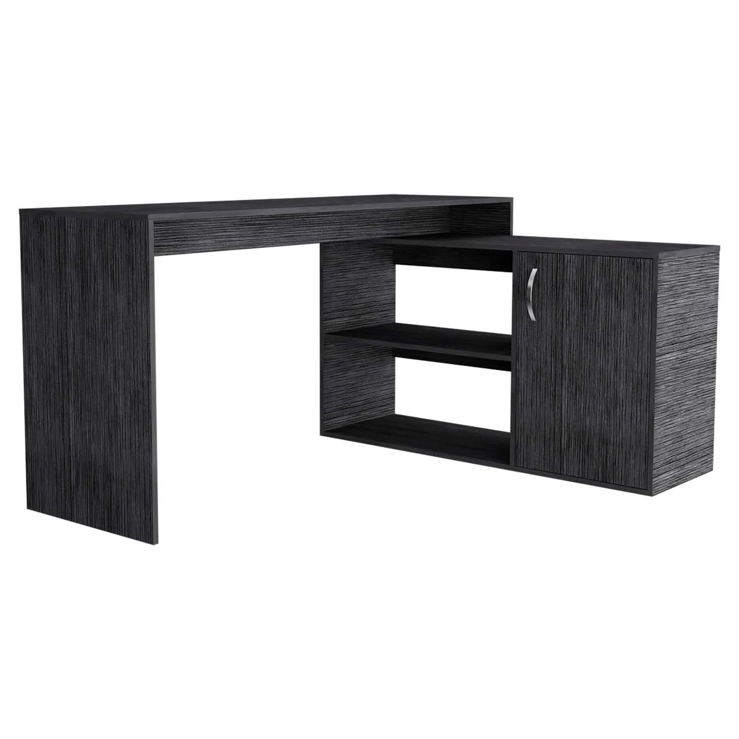 Tuhome Axis Desk, Countertop Desk, Two Internal Shelves, One Door Cabinet, Two Open Shelves, Smoky Oak, For Office