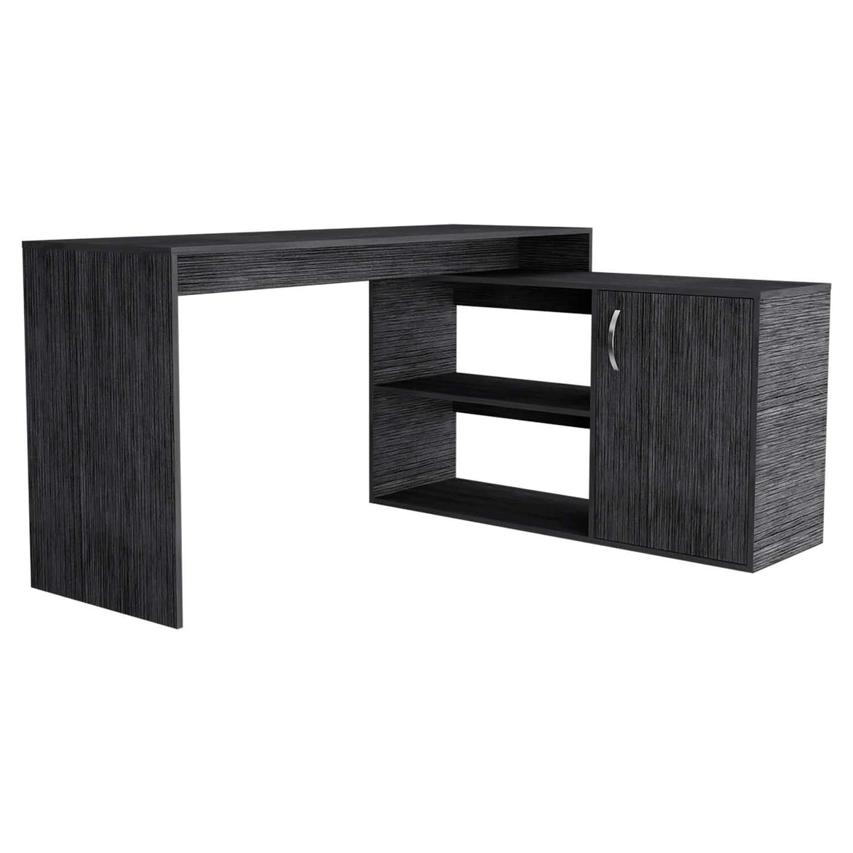 Tuhome Axis Desk, Countertop Desk, Two Internal Shelves, One Door Cabinet, Two Open Shelves, Smoky Oak, For Office