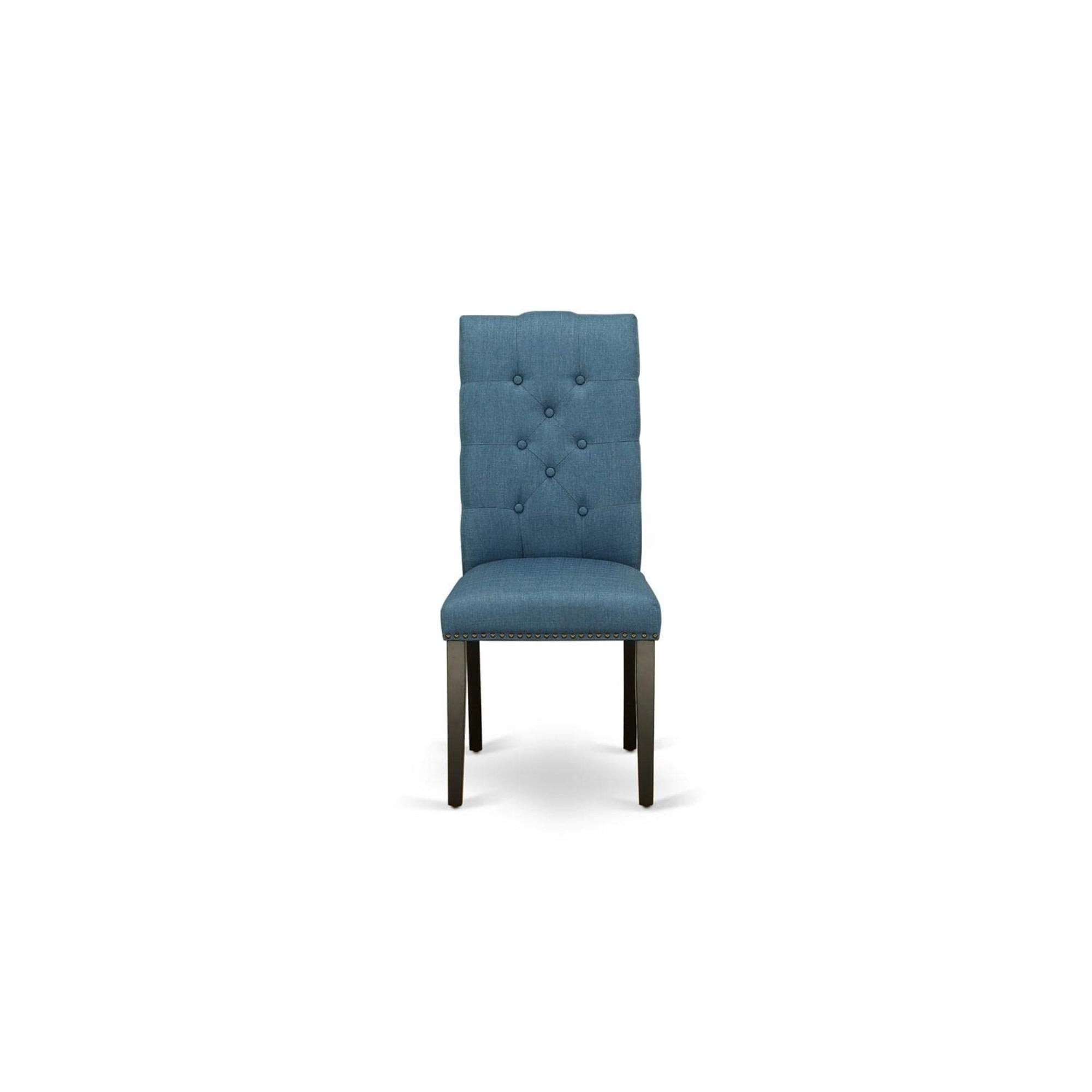 East West Furniture Elp1T21 Elsa Parson Kitchen Chairs - Button Tufted Nailhead Trim Blue Linen Fabric Upholstered Dining Chairs, Set Of 2, Black