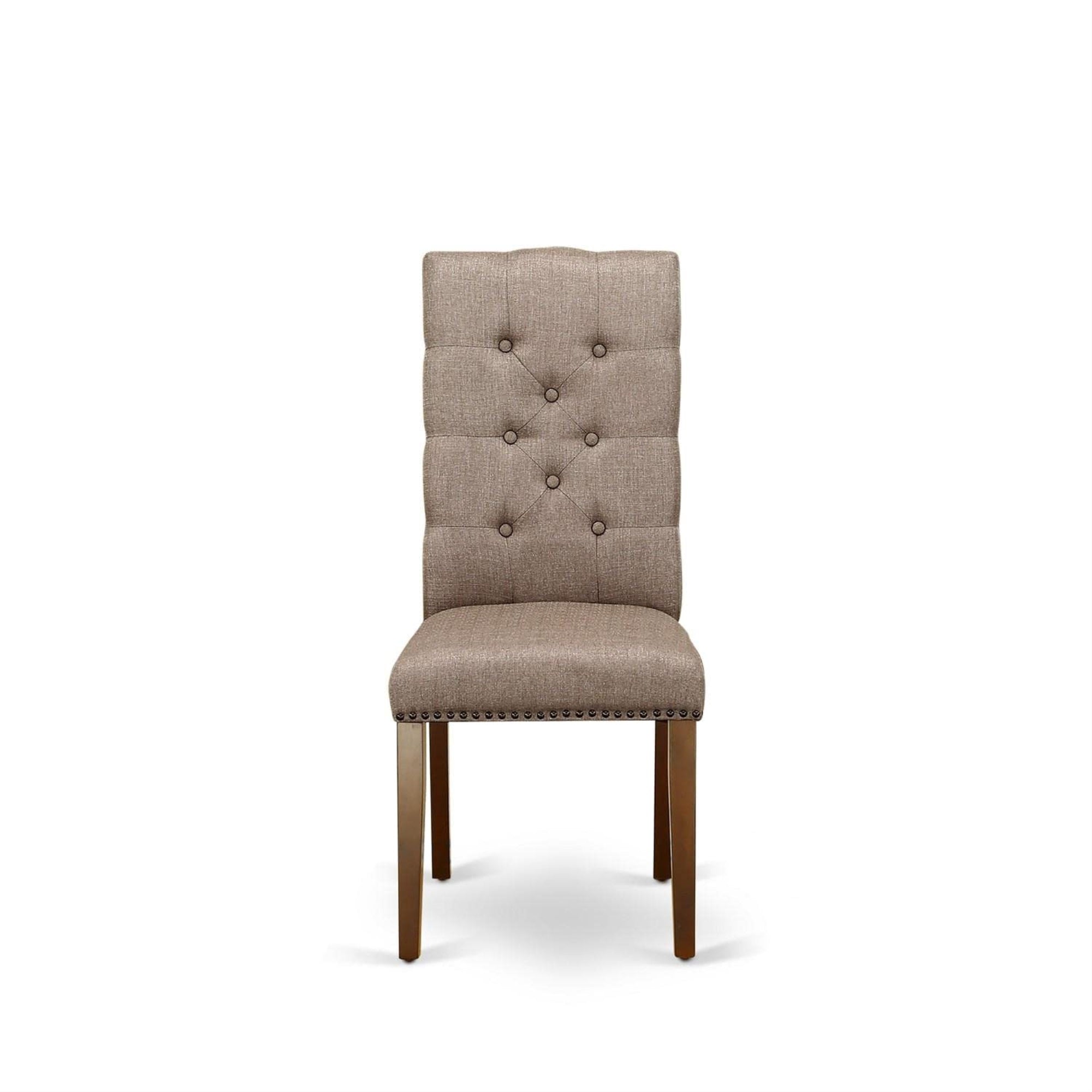 East West Furniture Elp3T16 Elsa Parson Dining Chairs - Button Tufted Nailhead Trim Dark Khaki Linen Fabric Upholstered Chairs, Set Of 2, Mahogany