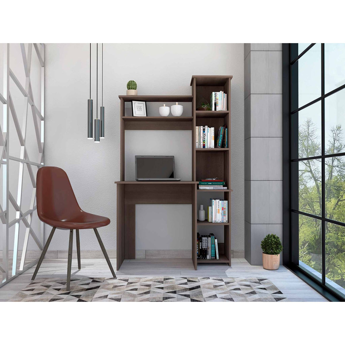 Tuhome Versalles Desk, Two Superior Shelve, Countertop Desk, Five Shelves, Grey Oak, For Office