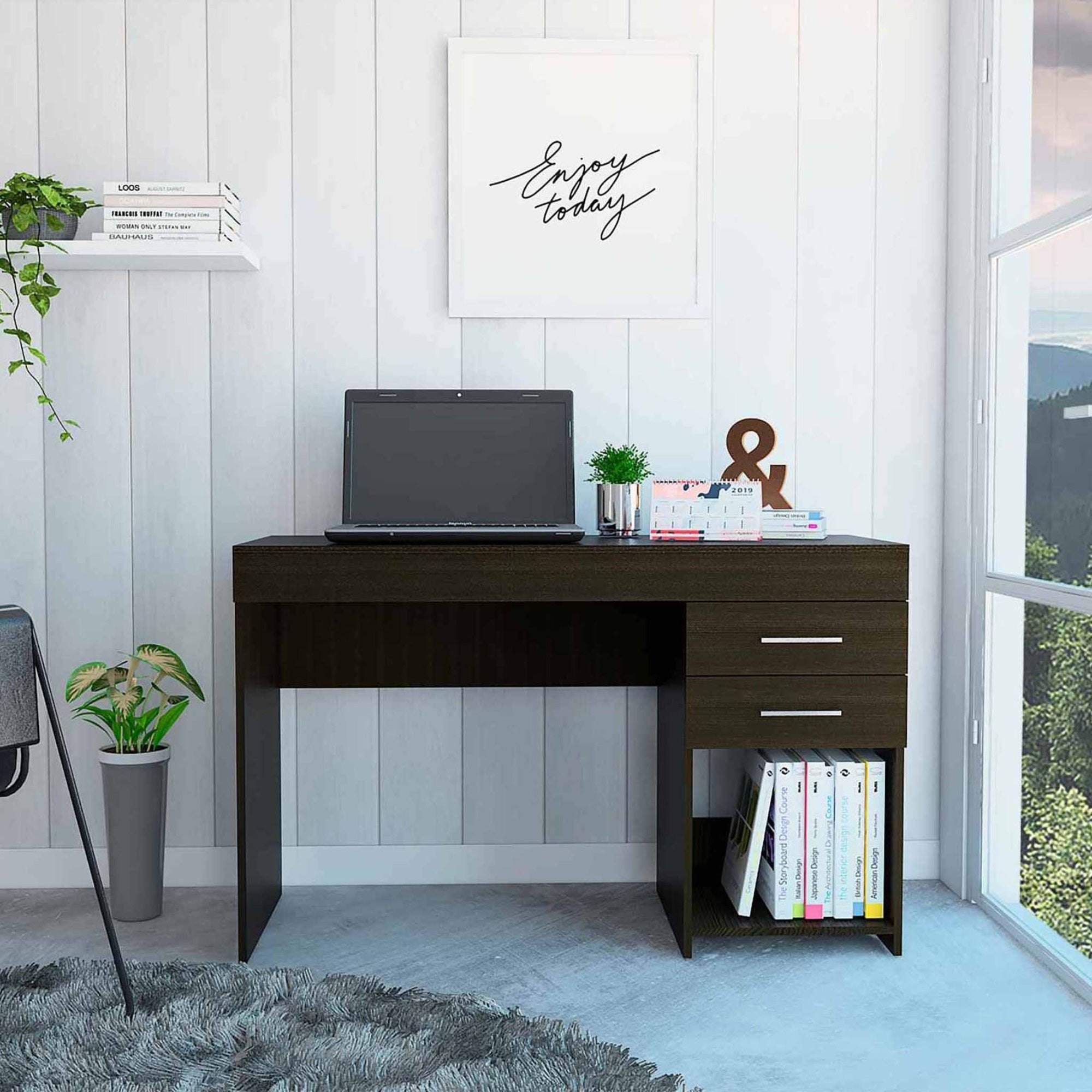 TUHOME Ibare Two Drawer Computer Desk, One Lower Shelf, Two Drawers, Countertop Table, Black, For Office